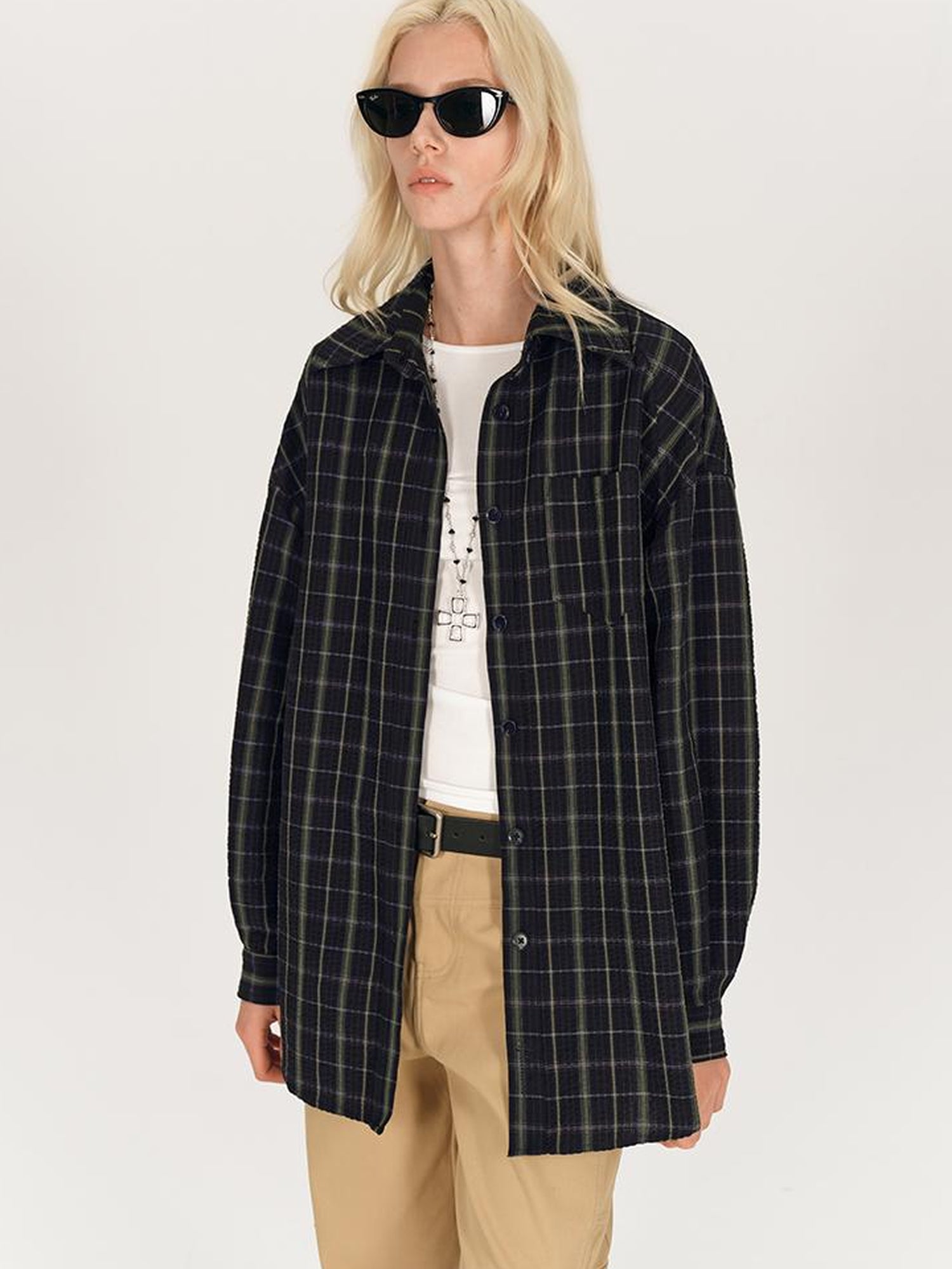 AFTADAWN Textured Check Long Sleeve Shirt With Spread Collar And Relaxed Fit