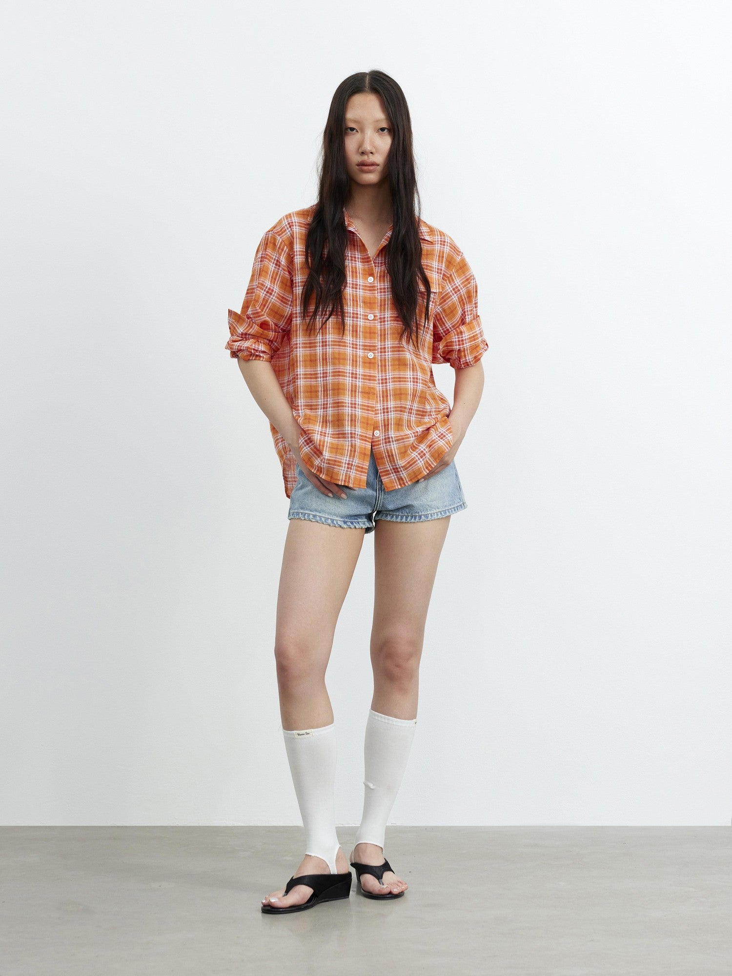 AFTADAWN Textured Colorblock Check Polo Collar Long Sleeve Button Women&