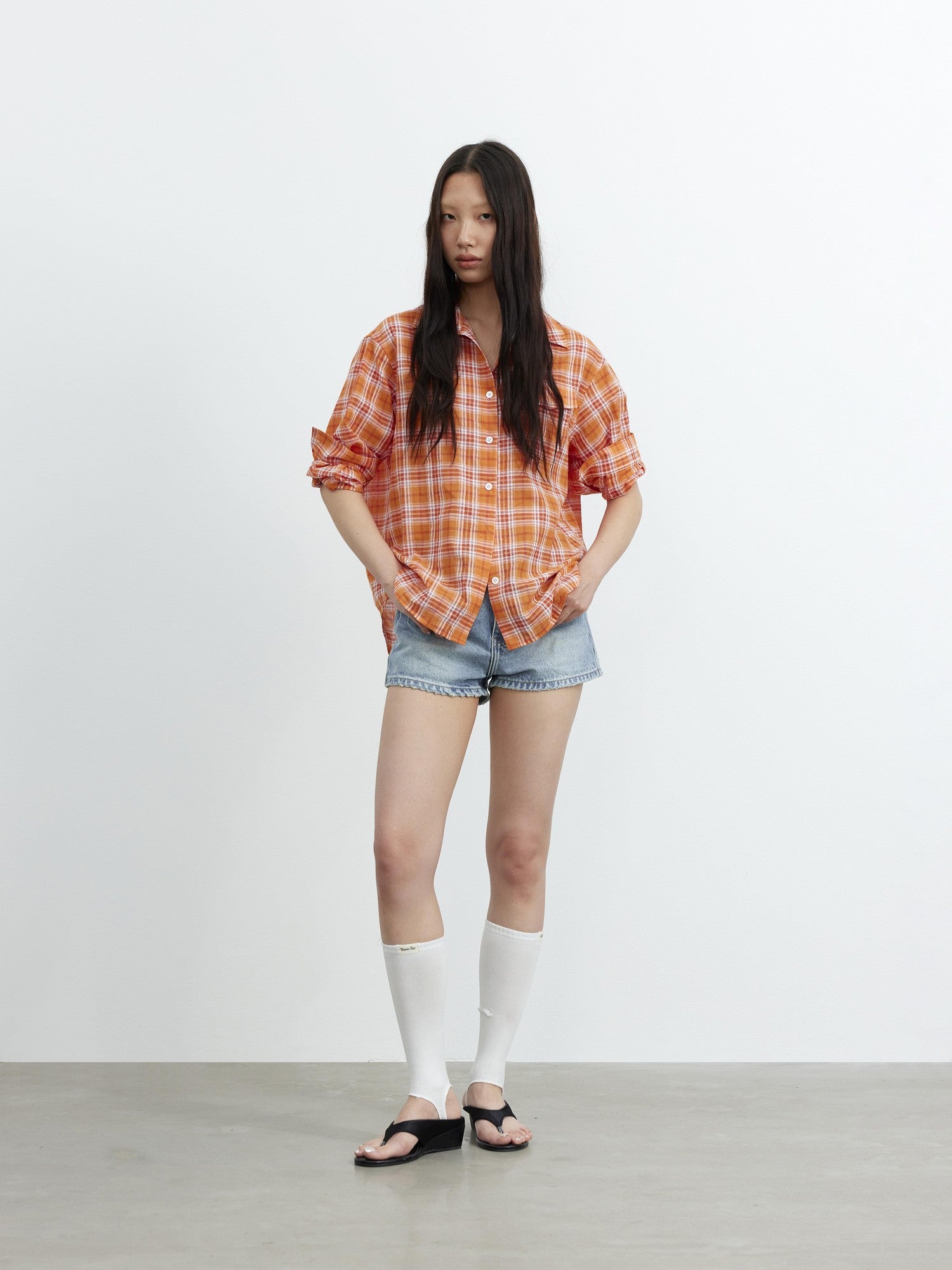 AFTADAWN Textured Colorblock Check Polo Collar Long Sleeve Button Women&
