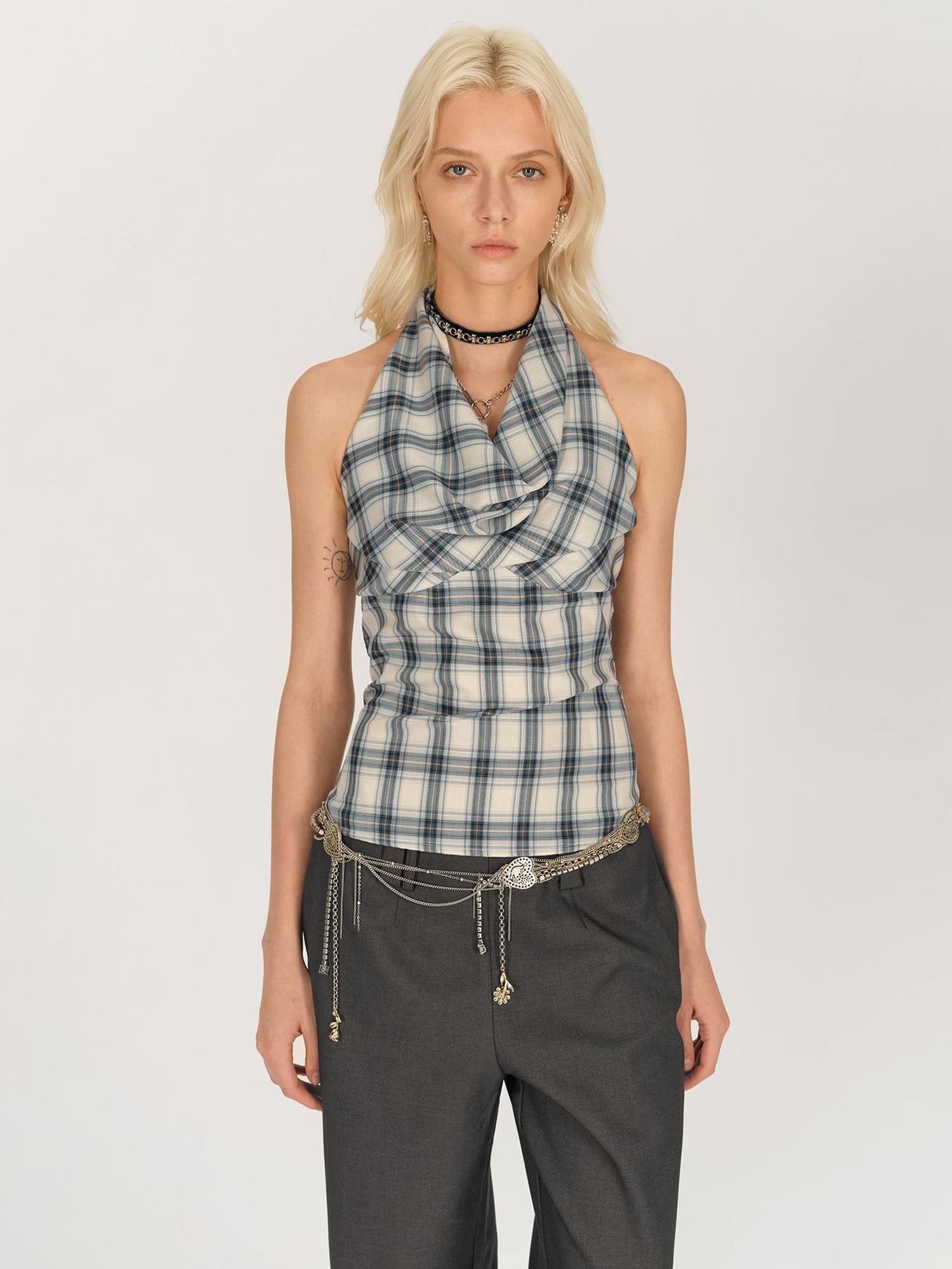 AFTADAWN Textured Crepe Draped Neck Tie Waist Top