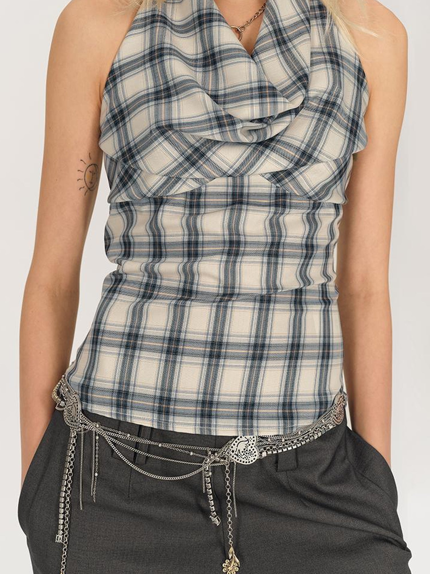 AFTADAWN Textured Crepe Draped Neck Tie Waist Top