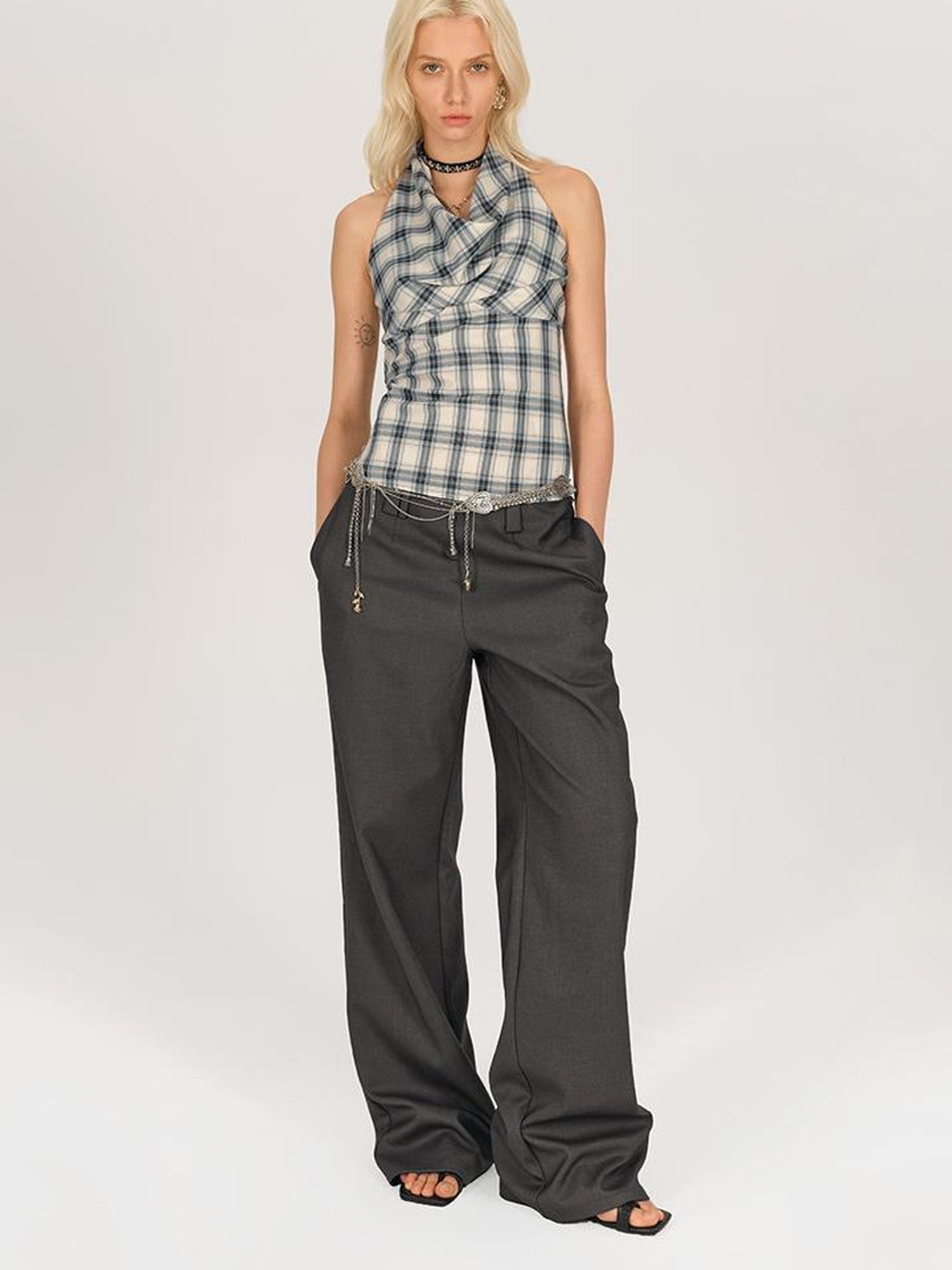 AFTADAWN Textured Crepe Draped Neck Tie Waist Top