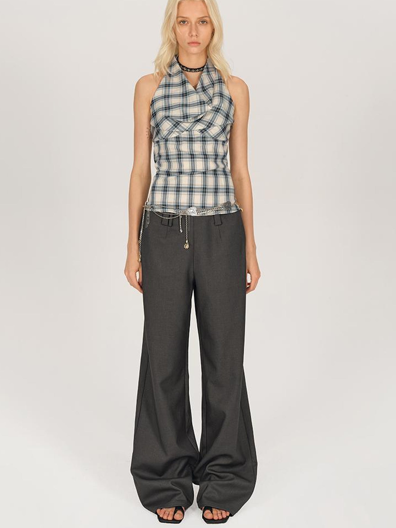 AFTADAWN Textured Crepe Draped Neck Tie Waist Top