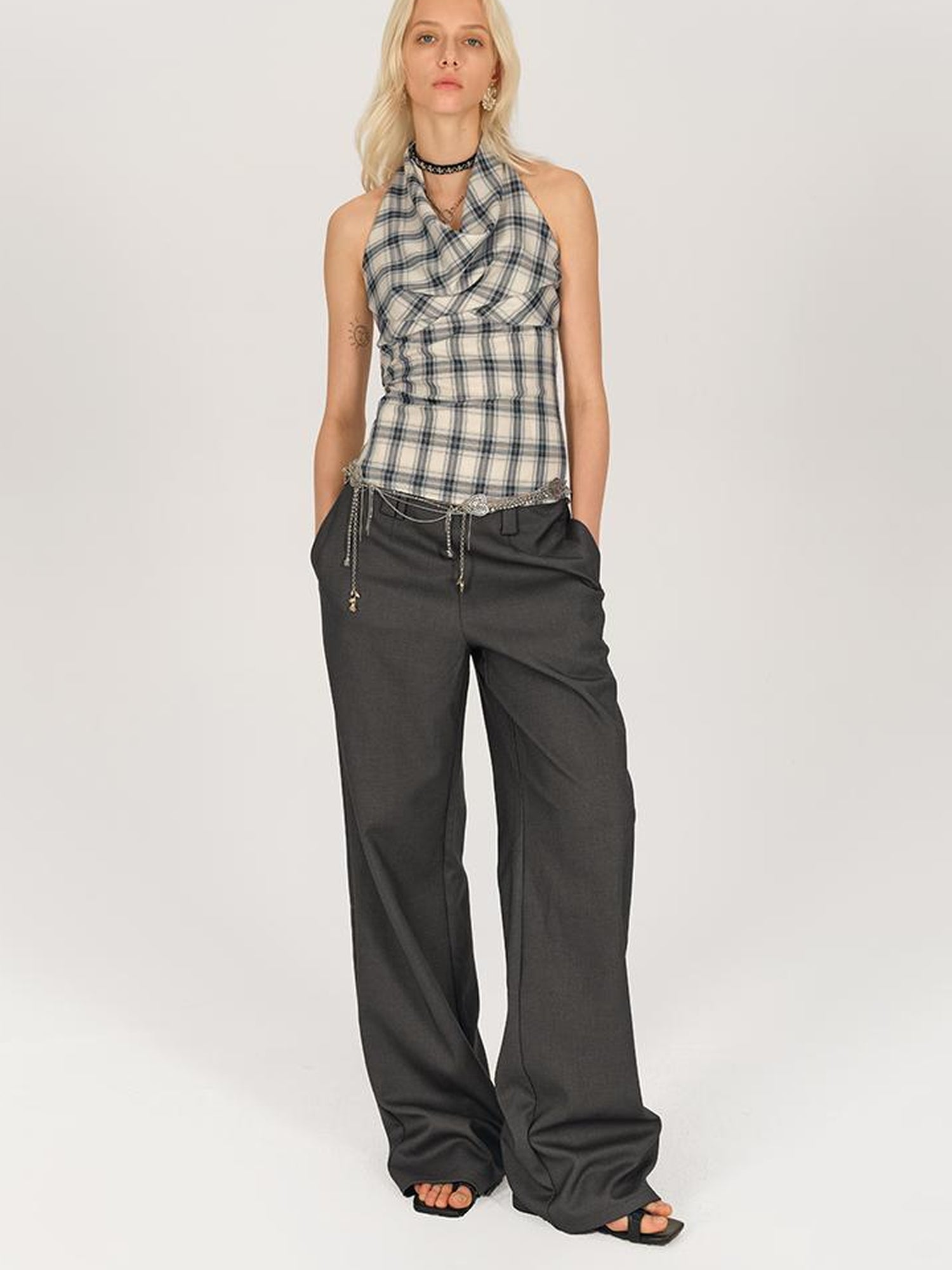 AFTADAWN Textured Crepe Draped Neck Tie Waist Top