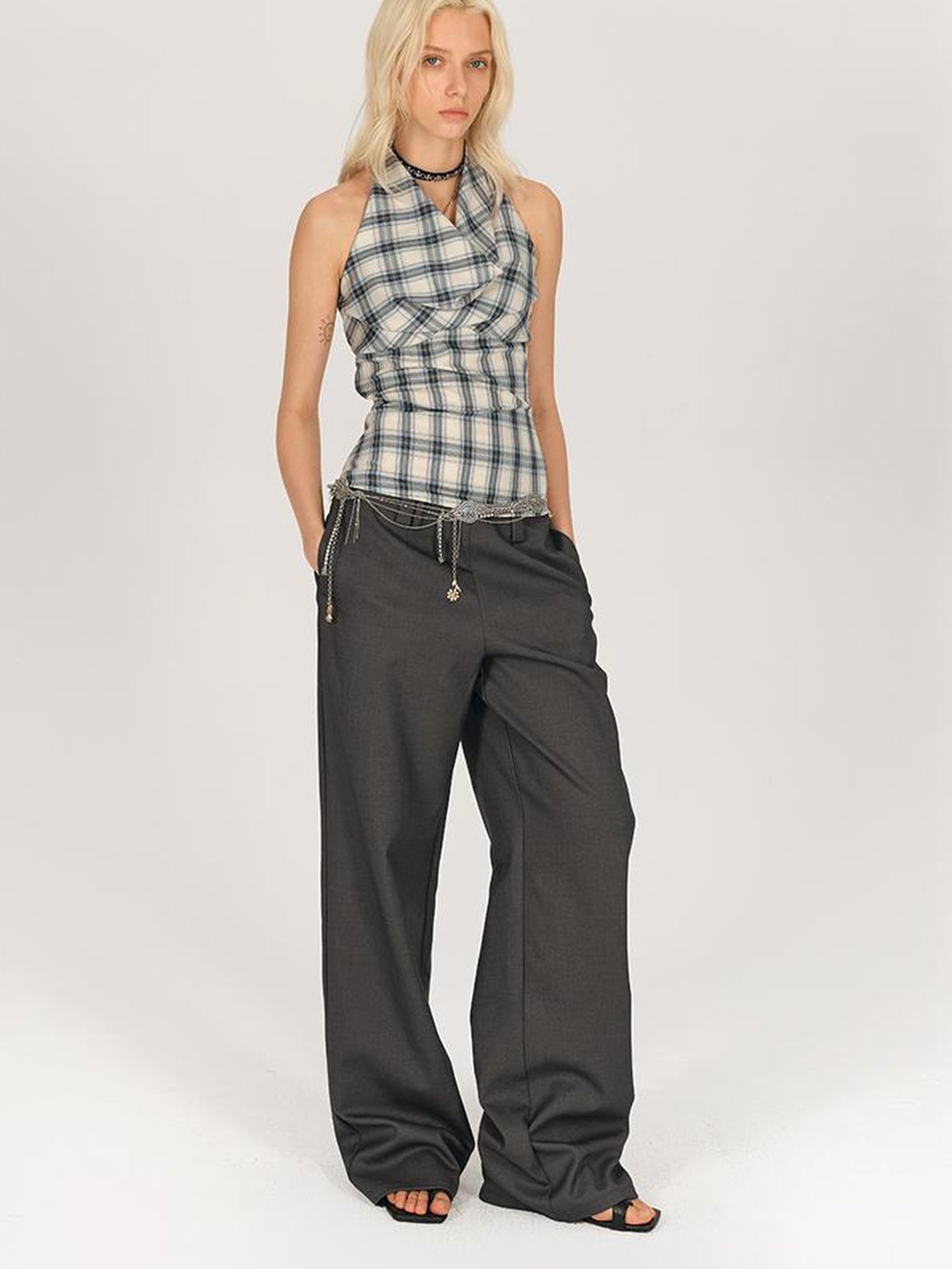 AFTADAWN Textured Crepe Draped Neck Tie Waist Top