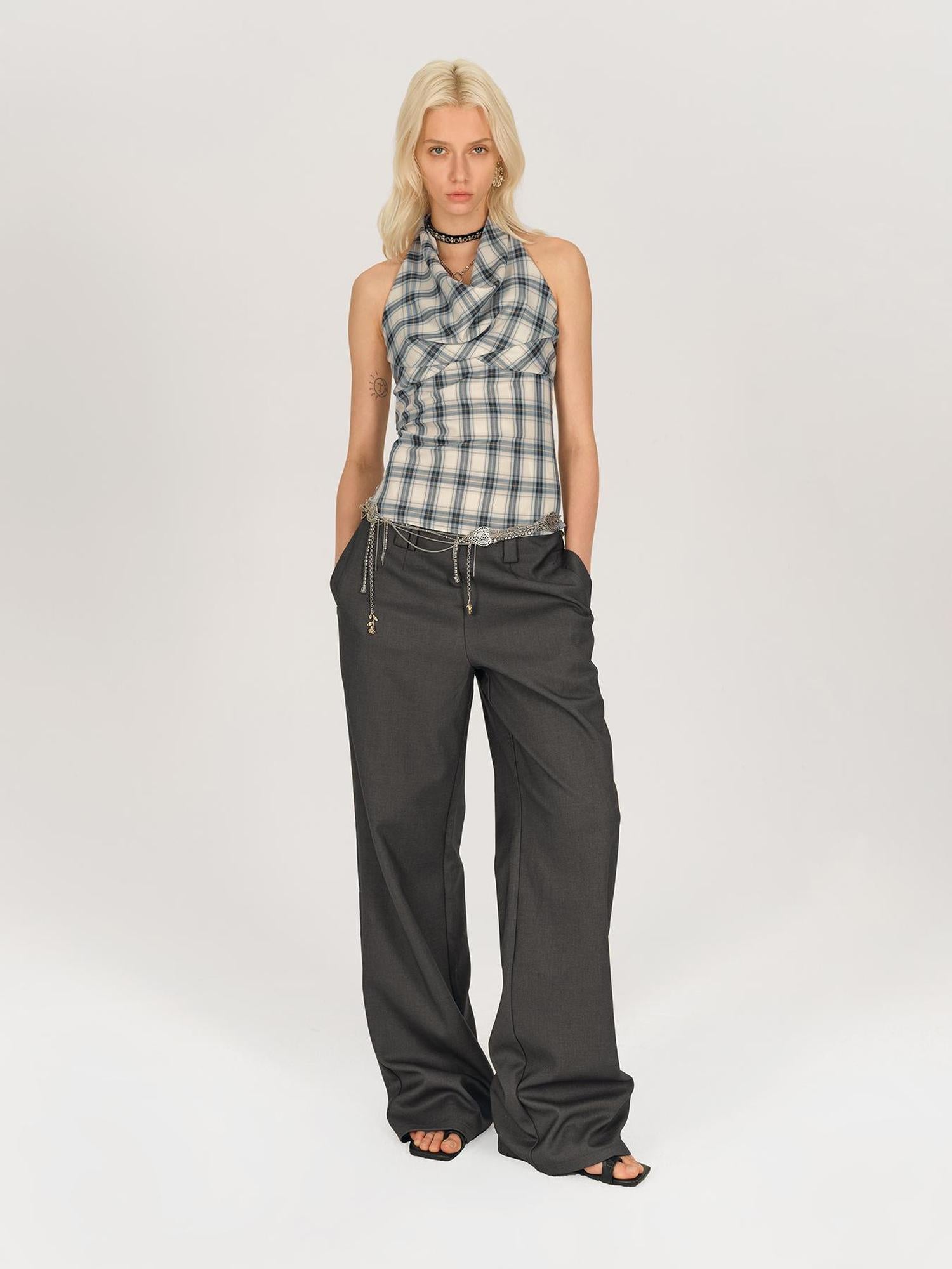 AFTADAWN Textured Crepe Draped Neck Tie Waist Top