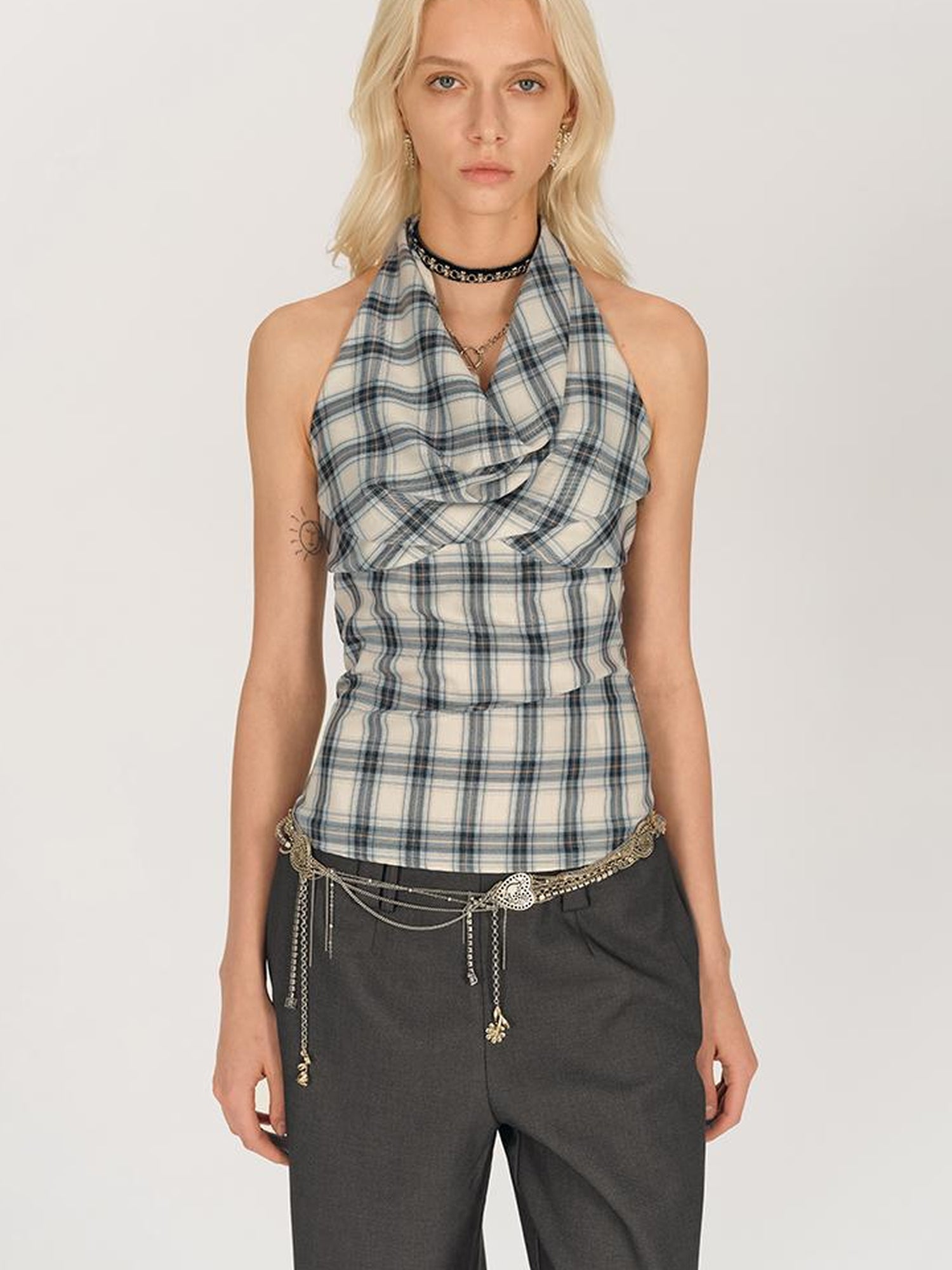 AFTADAWN Textured Crepe Draped Neck Tie Waist Top