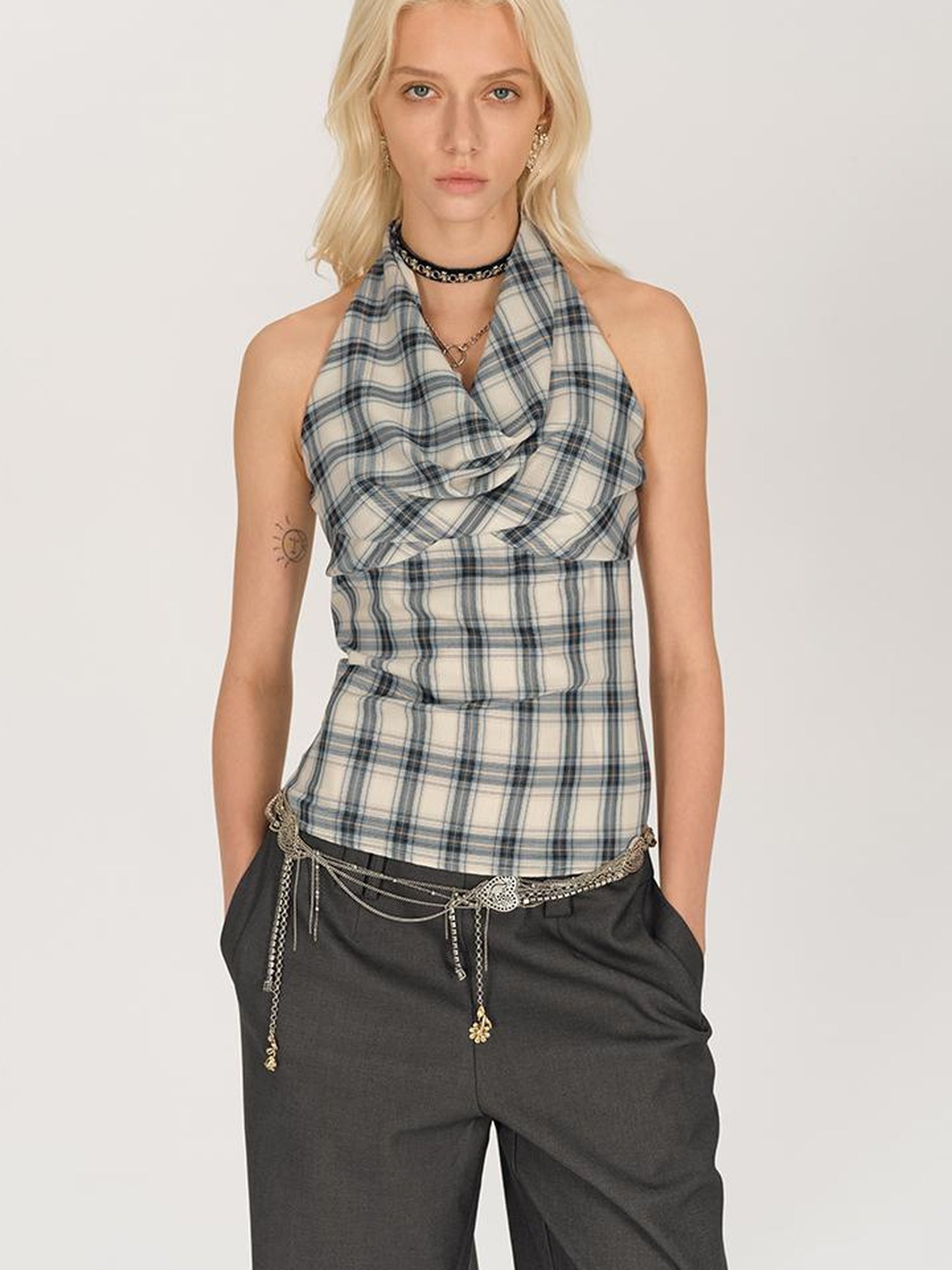 AFTADAWN Textured Crepe Draped Neck Tie Waist Top