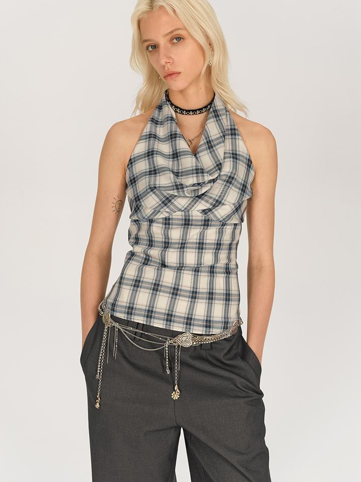 AFTADAWN Textured Crepe Draped Neck Tie Waist Top