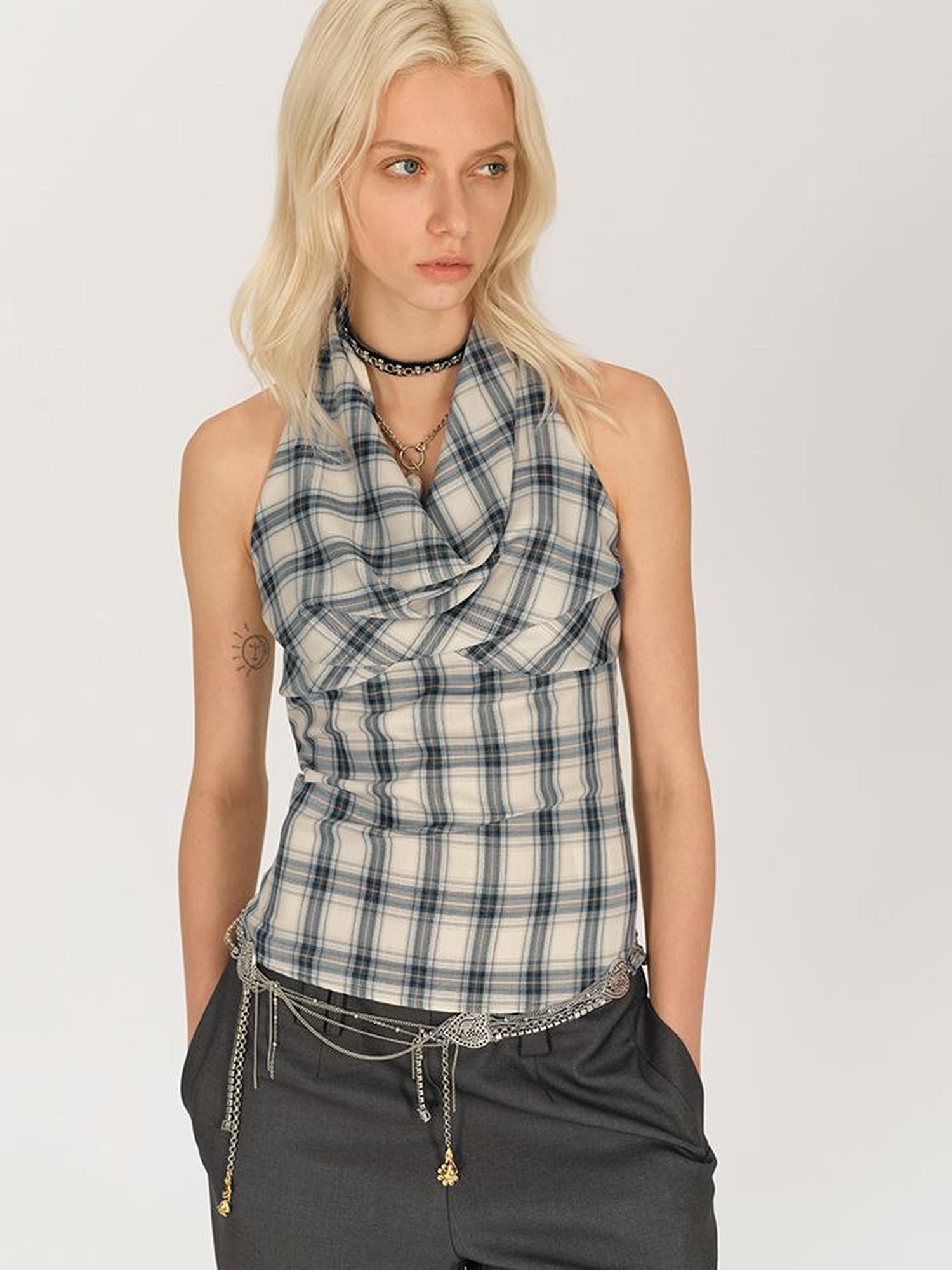 AFTADAWN Textured Crepe Draped Neck Tie Waist Top