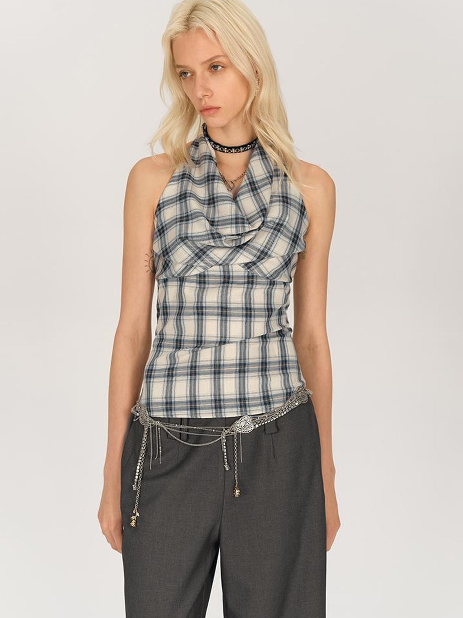 AFTADAWN Textured Crepe Draped Neck Tie Waist Top