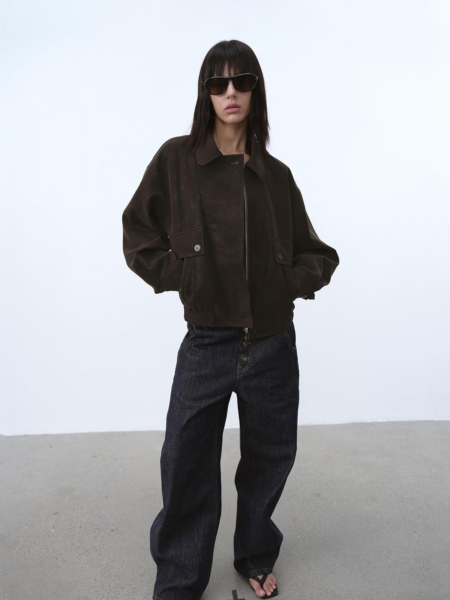 AFTADAWN Textured Distressed Asymmetric Zip Boxy Short Women&