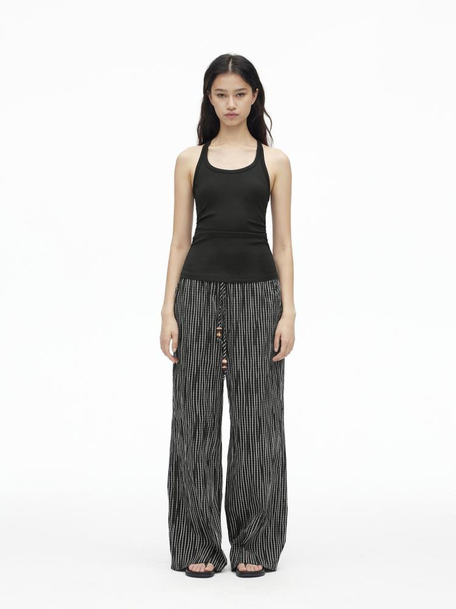 AFTADAWN Textured Grid Cotton Tapered Pants With Beaded Drawstring