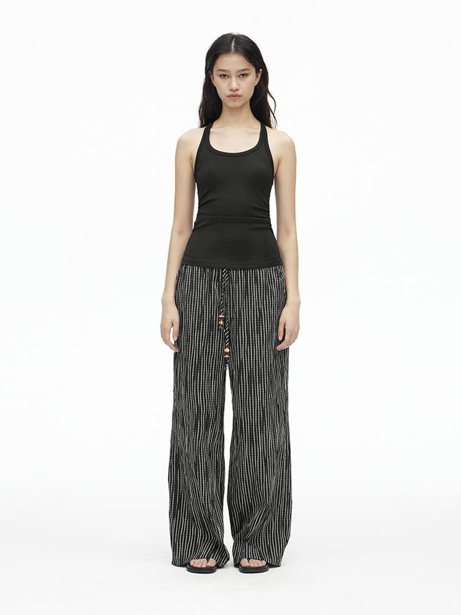 AFTADAWN Textured Grid Cotton Tapered Pants With Beaded Drawstring