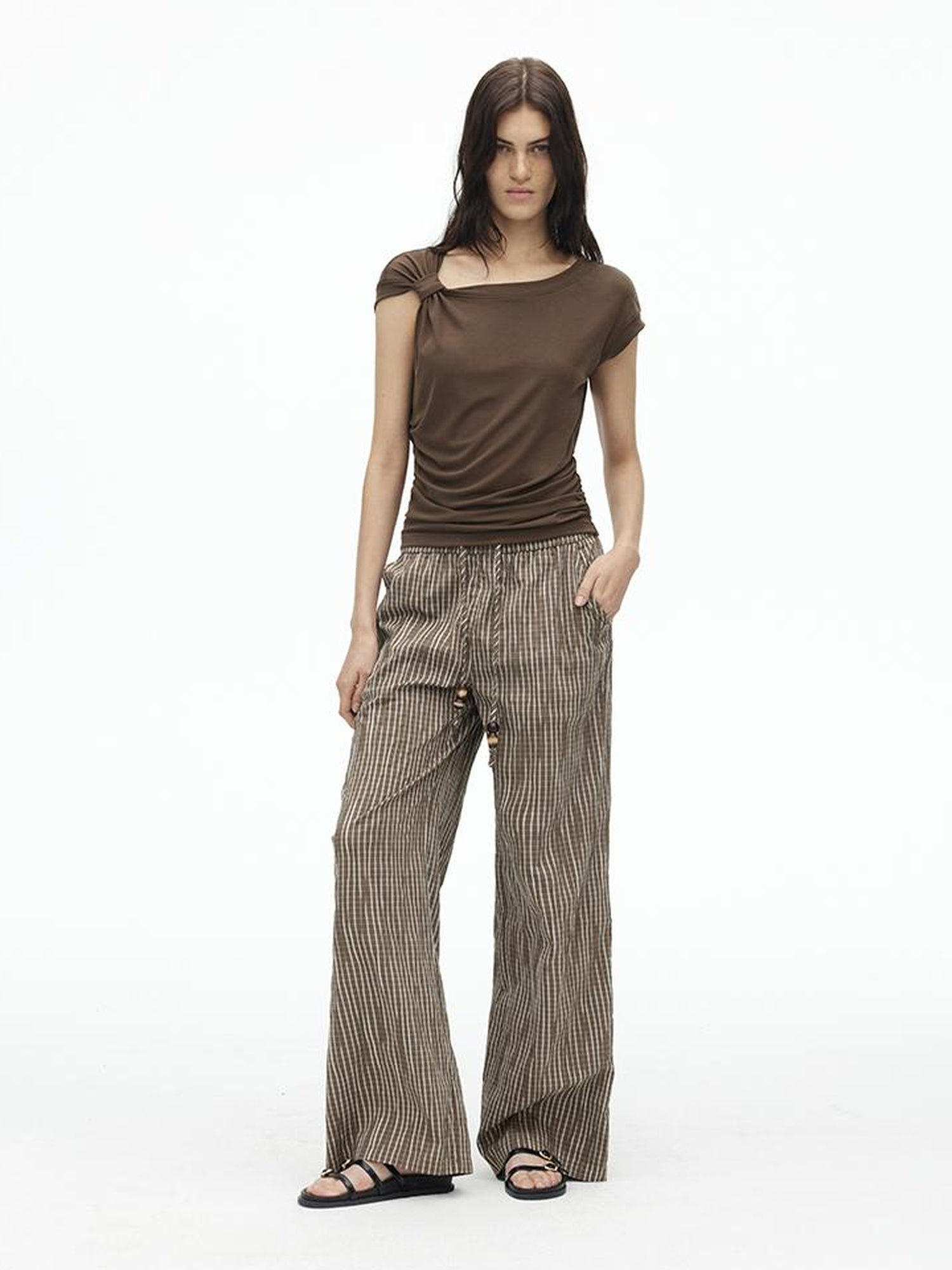 AFTADAWN Textured Grid Cotton Tapered Pants With Beaded Drawstring