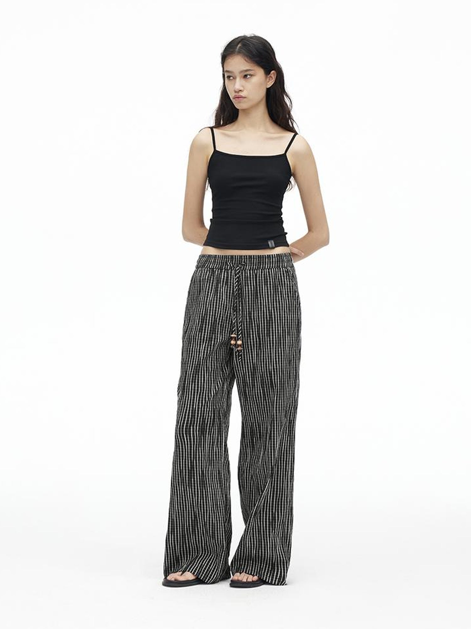 AFTADAWN Textured Grid Cotton Tapered Pants With Beaded Drawstring