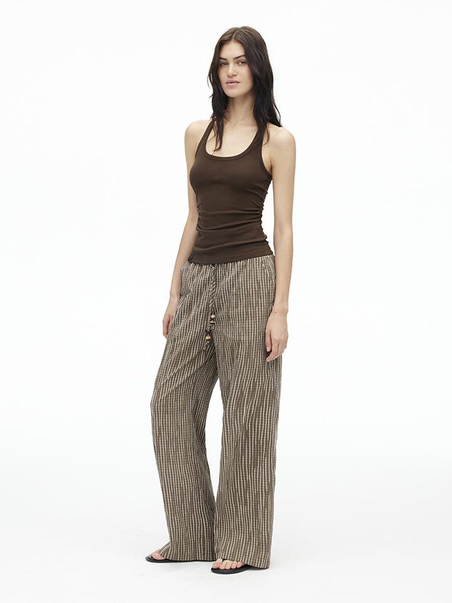 AFTADAWN Textured Grid Cotton Tapered Pants With Beaded Drawstring