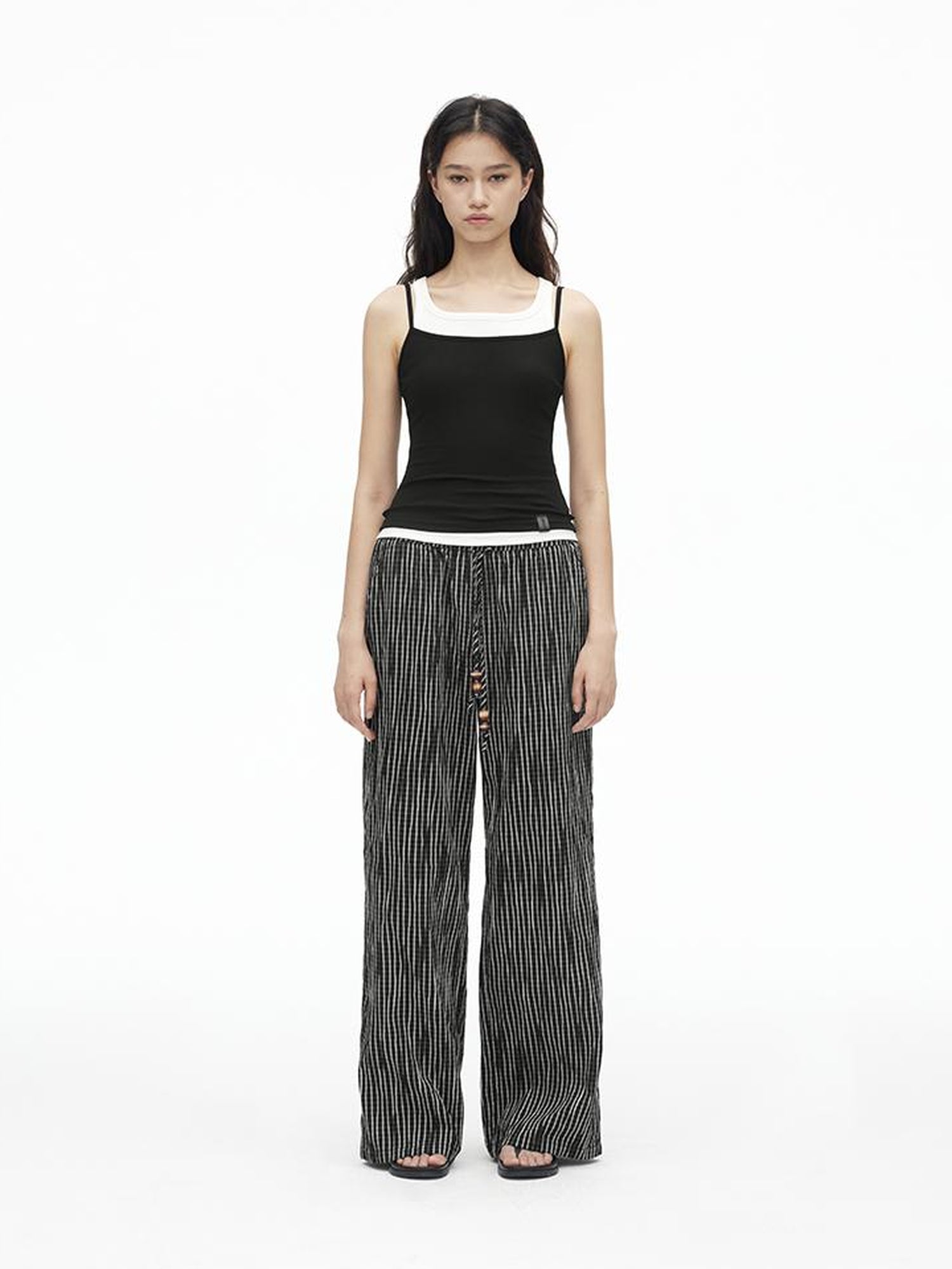 AFTADAWN Textured Grid Cotton Tapered Pants With Beaded Drawstring