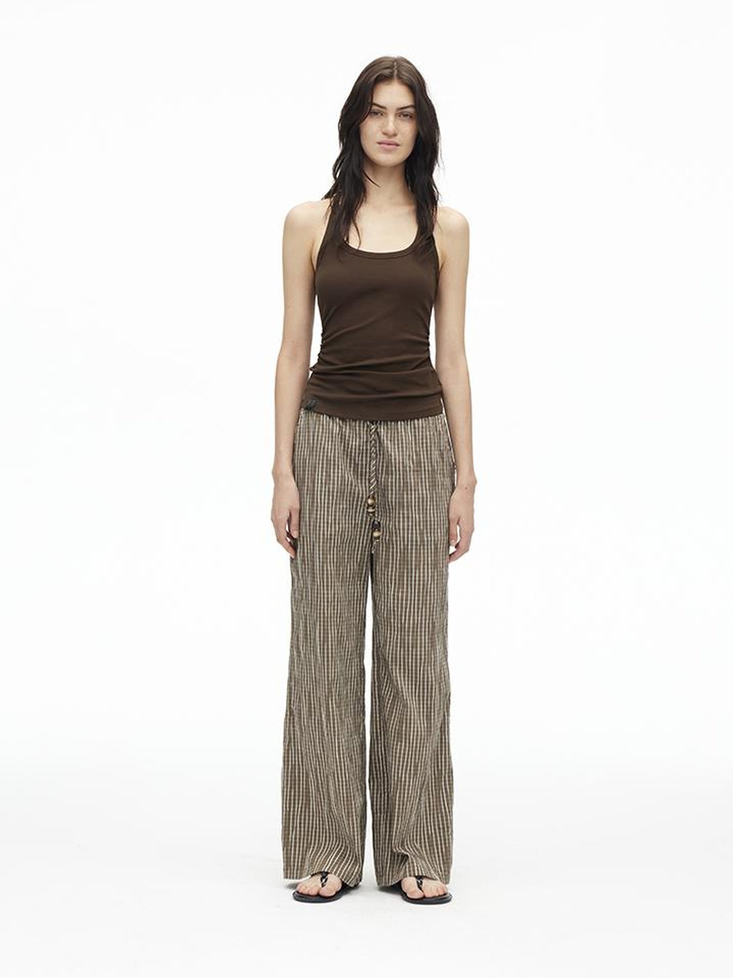 AFTADAWN Textured Grid Cotton Tapered Pants With Beaded Drawstring