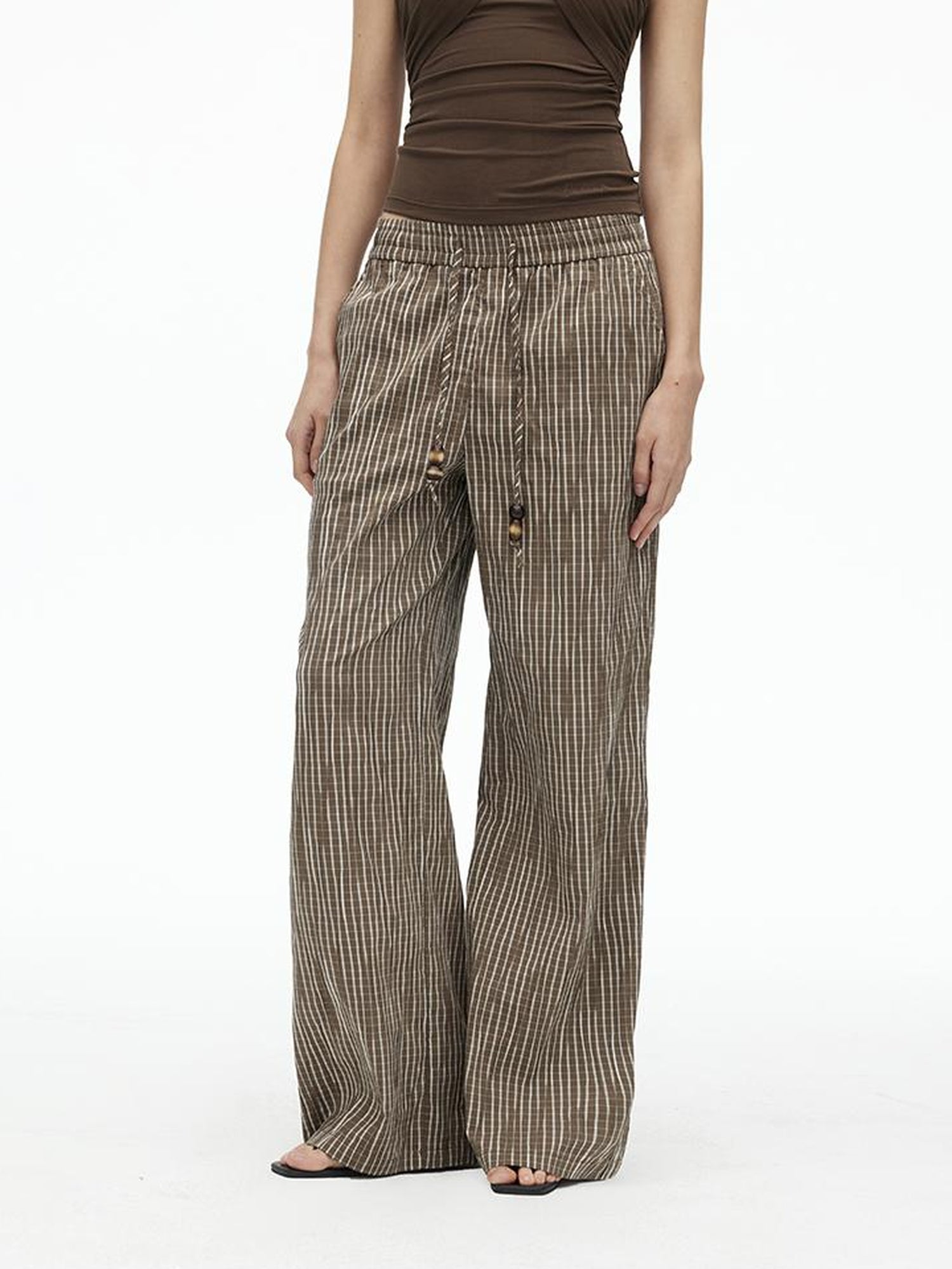 AFTADAWN Textured Grid Cotton Tapered Pants With Beaded Drawstring