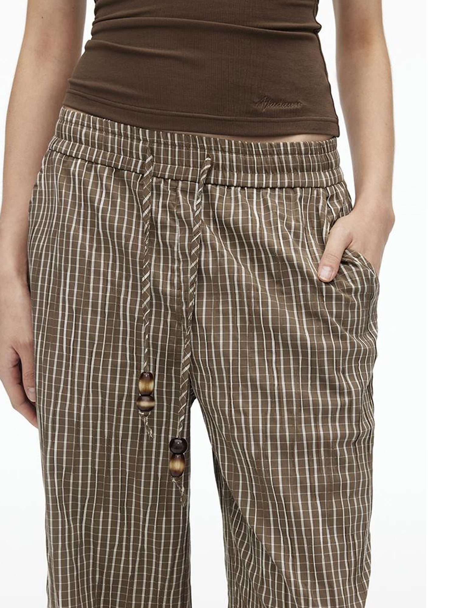 AFTADAWN Textured Grid Cotton Tapered Pants With Beaded Drawstring