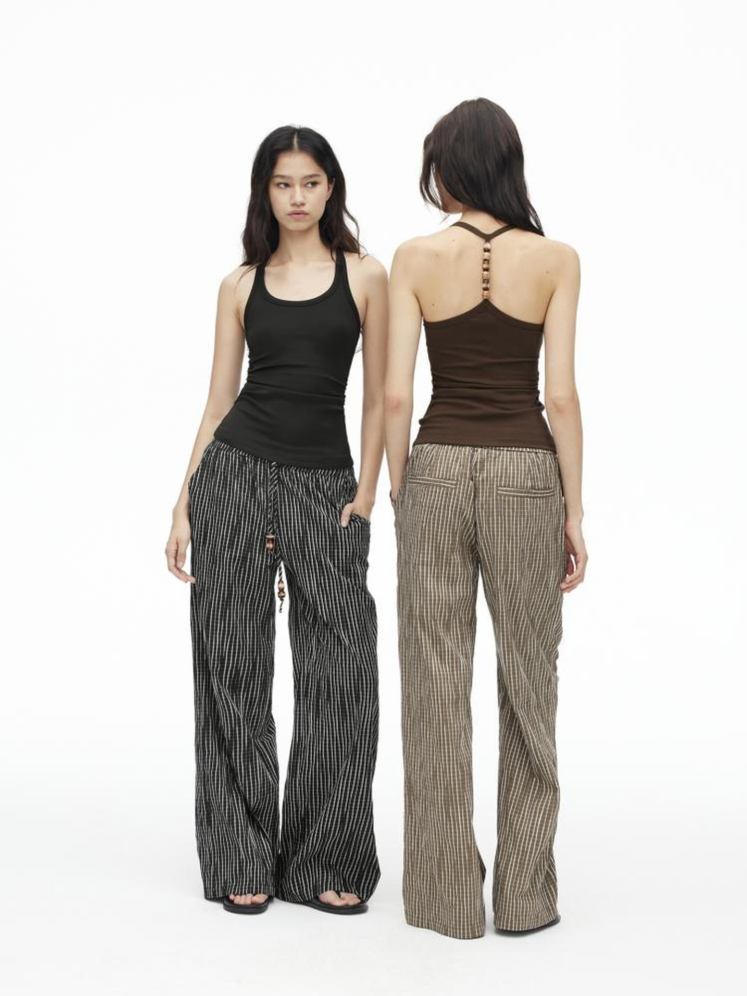 AFTADAWN Textured Grid Cotton Tapered Pants With Beaded Drawstring