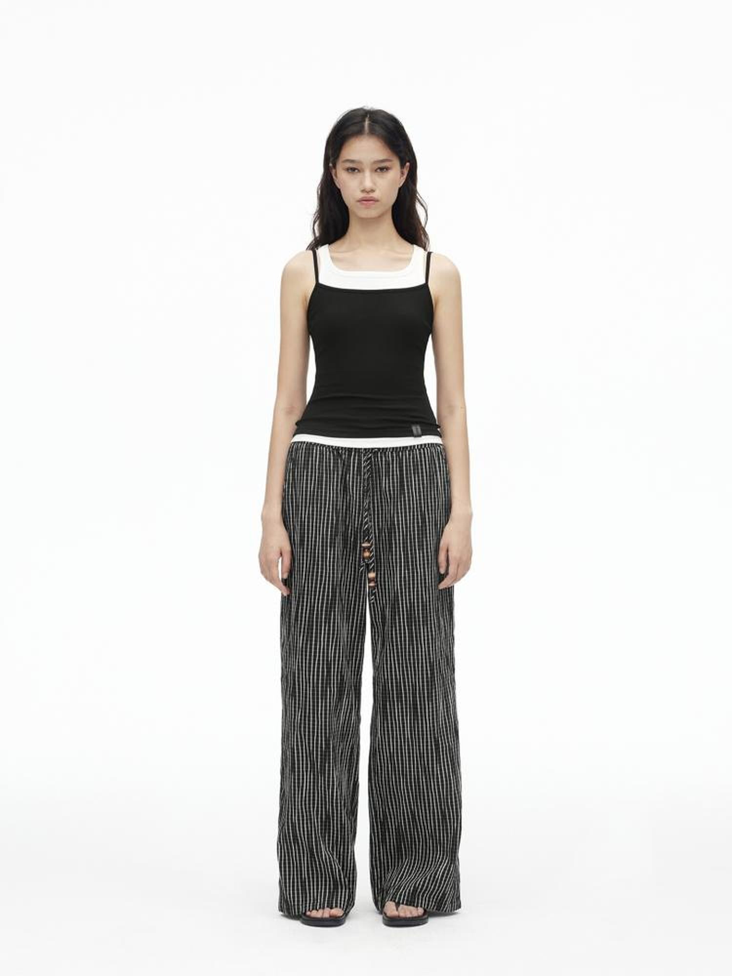 AFTADAWN Textured Grid Cotton Tapered Pants With Beaded Drawstring
