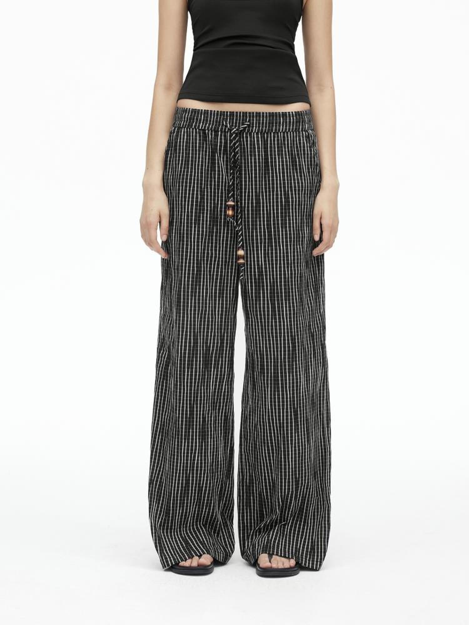AFTADAWN Textured Grid Cotton Tapered Pants With Beaded Drawstring