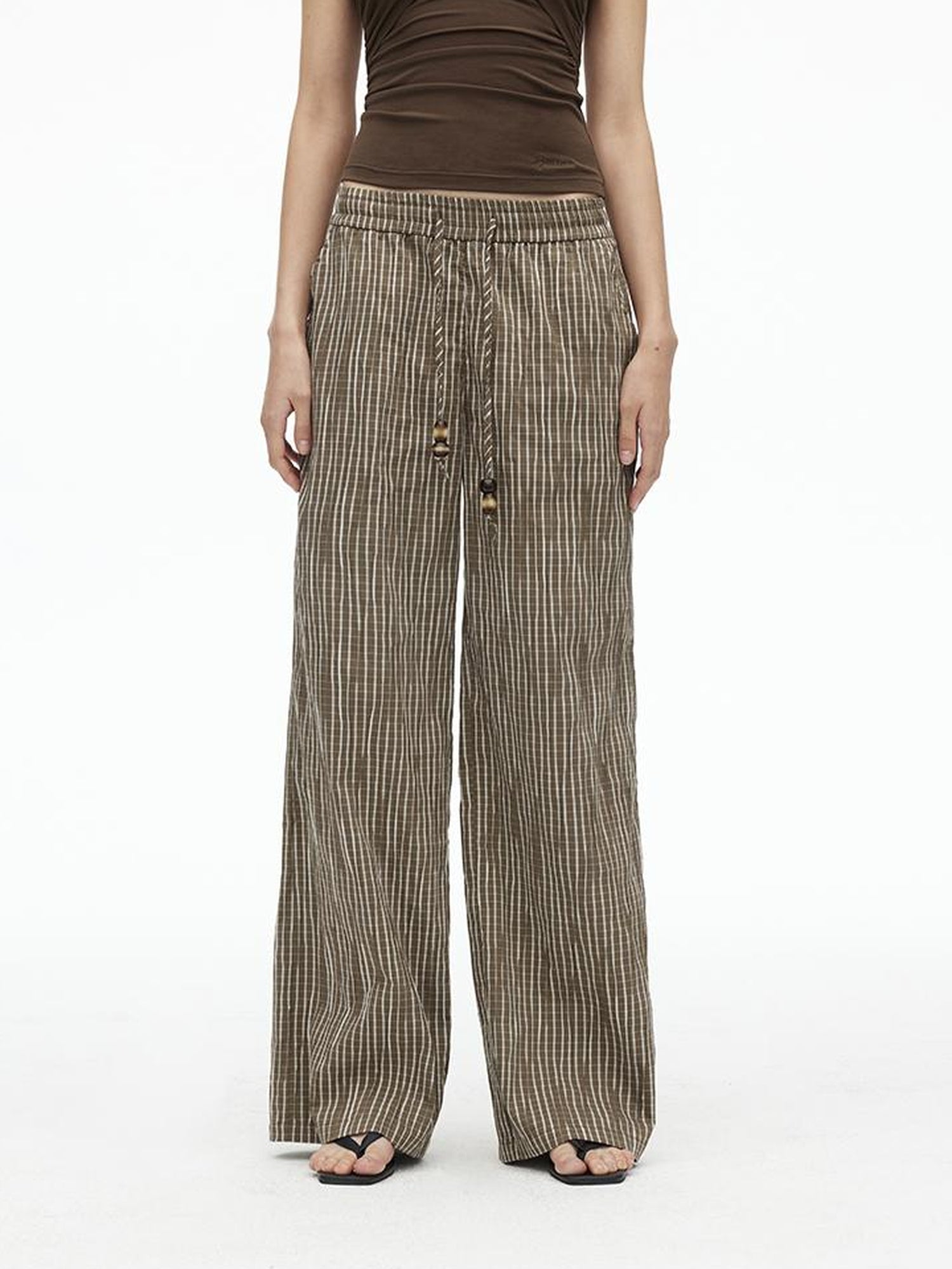 AFTADAWN Textured Grid Cotton Tapered Pants With Beaded Drawstring