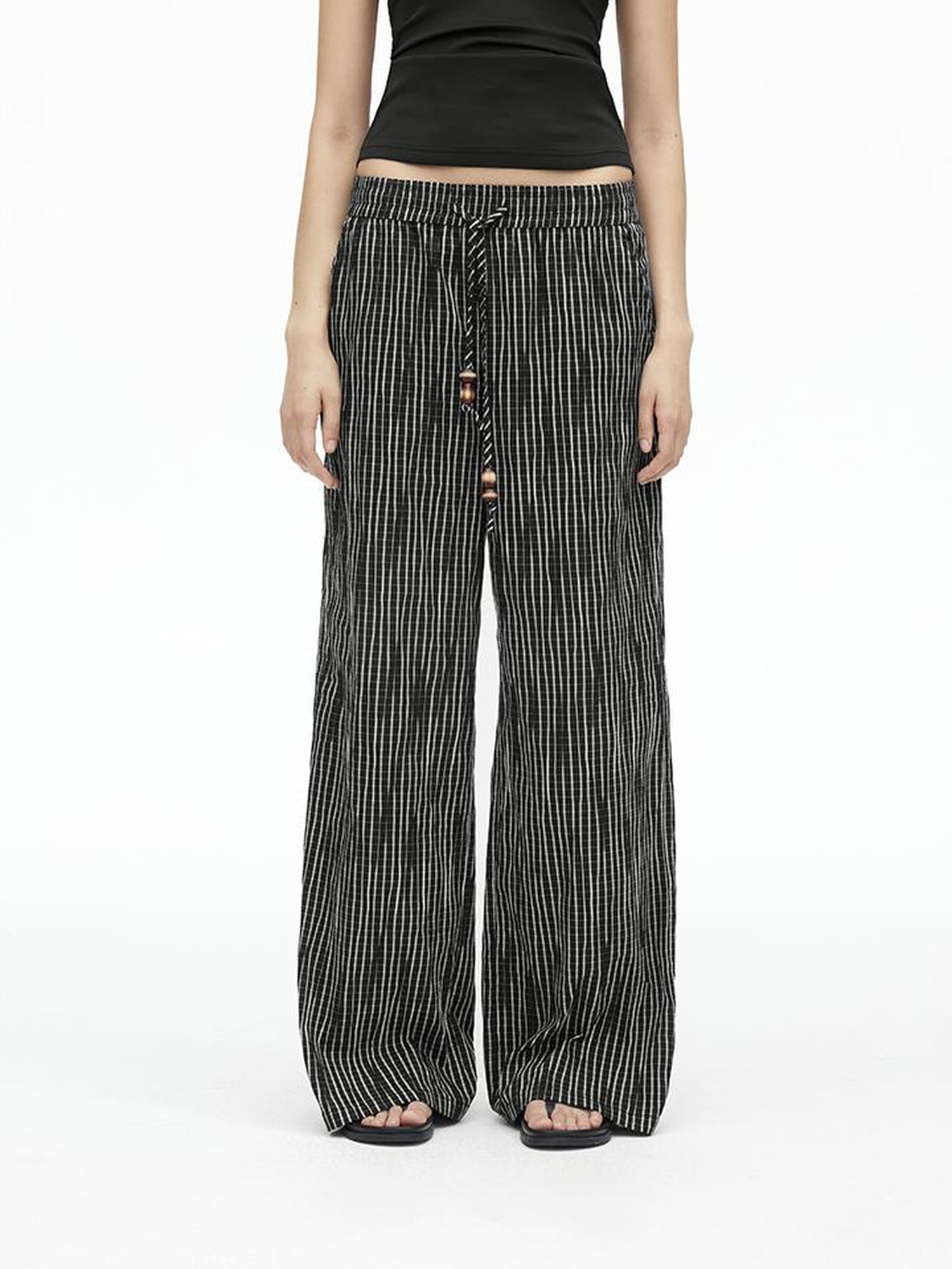 AFTADAWN Textured Grid Cotton Tapered Pants With Beaded Drawstring