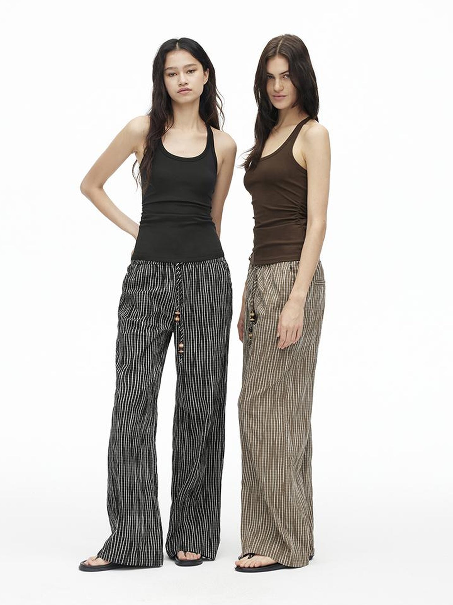 AFTADAWN Textured Grid Cotton Tapered Pants With Beaded Drawstring