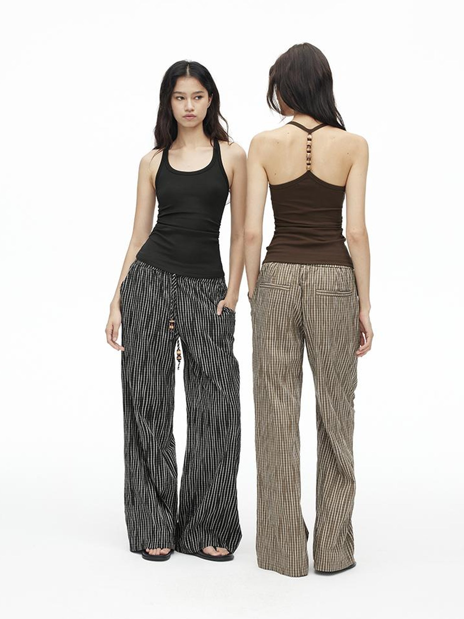 AFTADAWN Textured Grid Cotton Tapered Pants With Beaded Drawstring