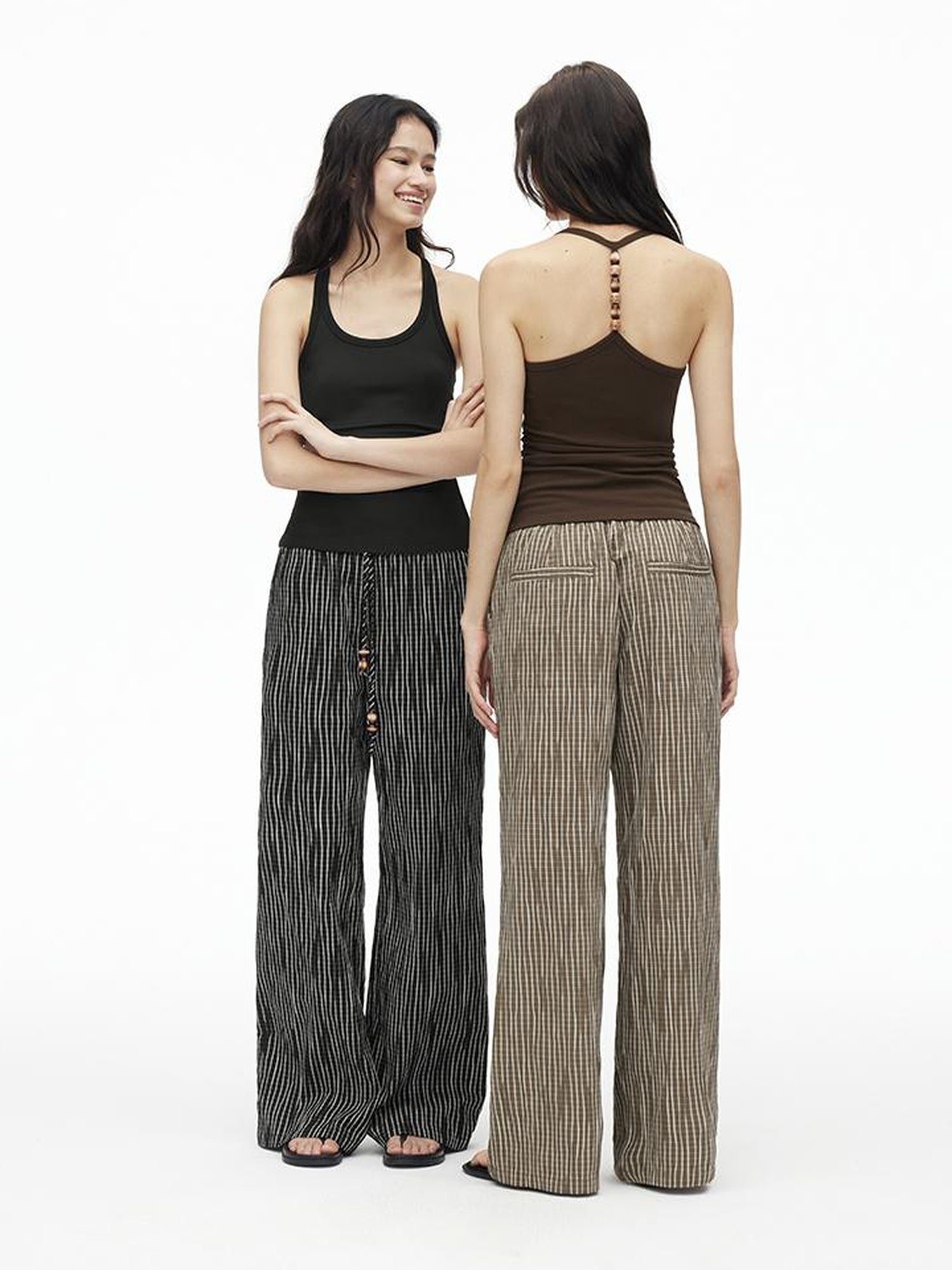 AFTADAWN Textured Grid Cotton Tapered Pants With Beaded Drawstring