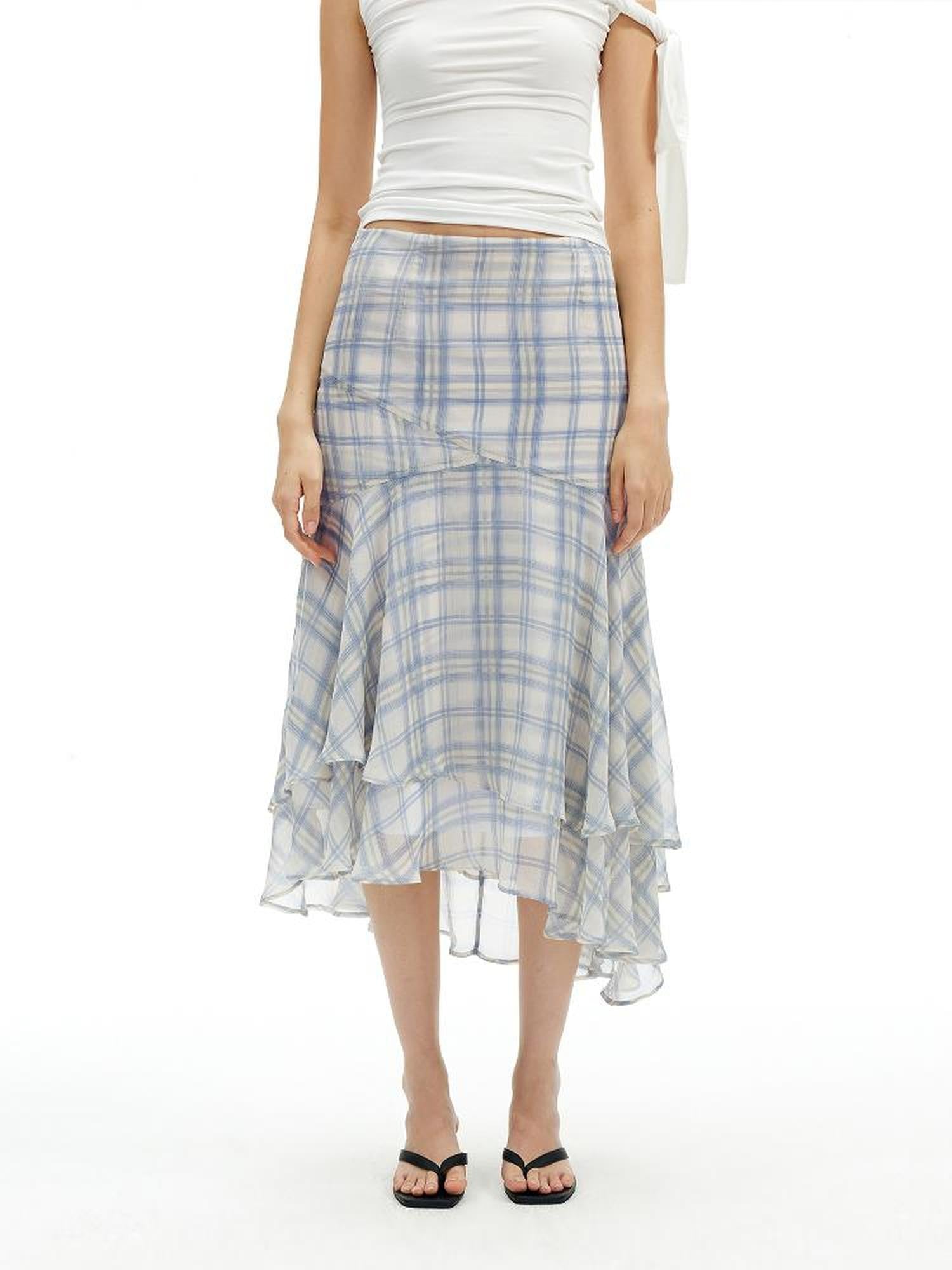 AFTADAWN Textured Grid Fishtail Skirt With Sheer Asymmetrical Hem