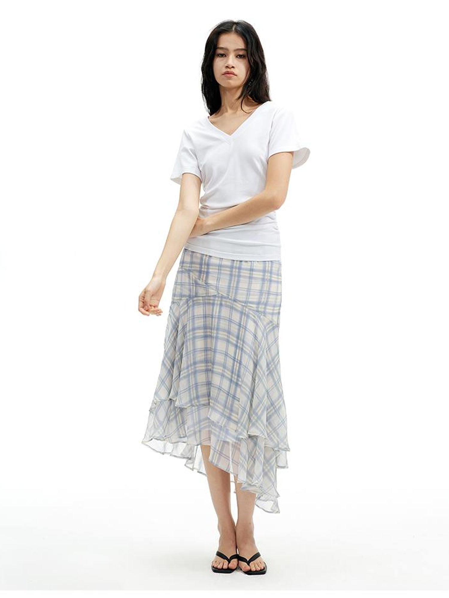 AFTADAWN Textured Grid Fishtail Skirt With Sheer Asymmetrical Hem