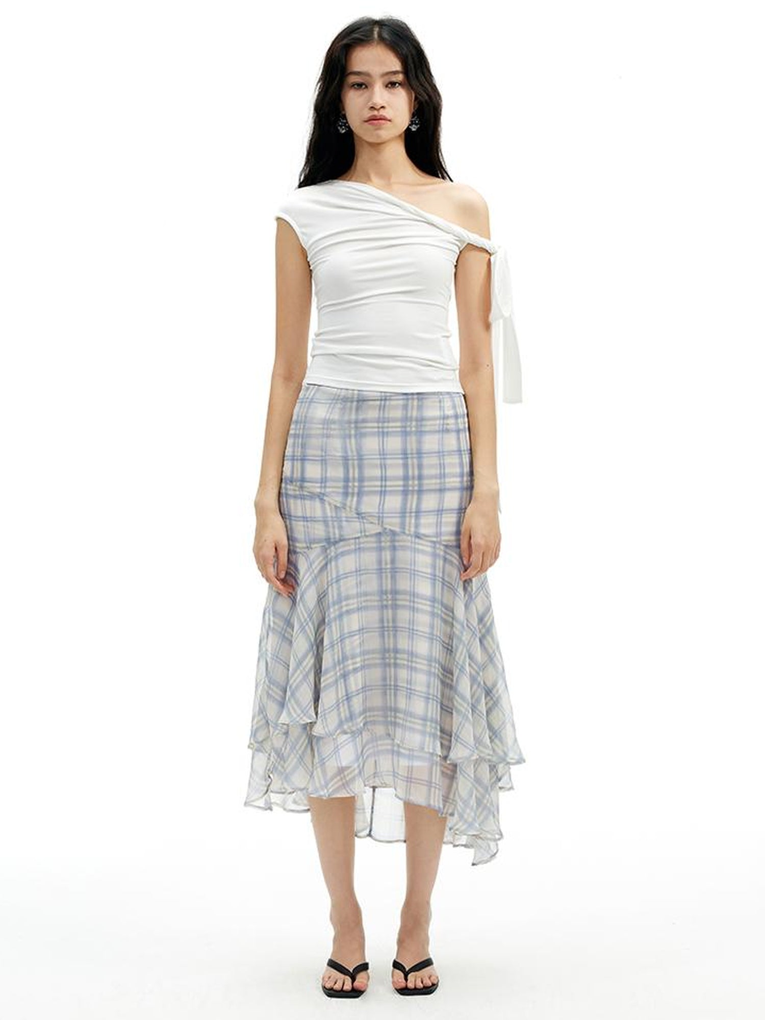 AFTADAWN Textured Grid Fishtail Skirt With Sheer Asymmetrical Hem