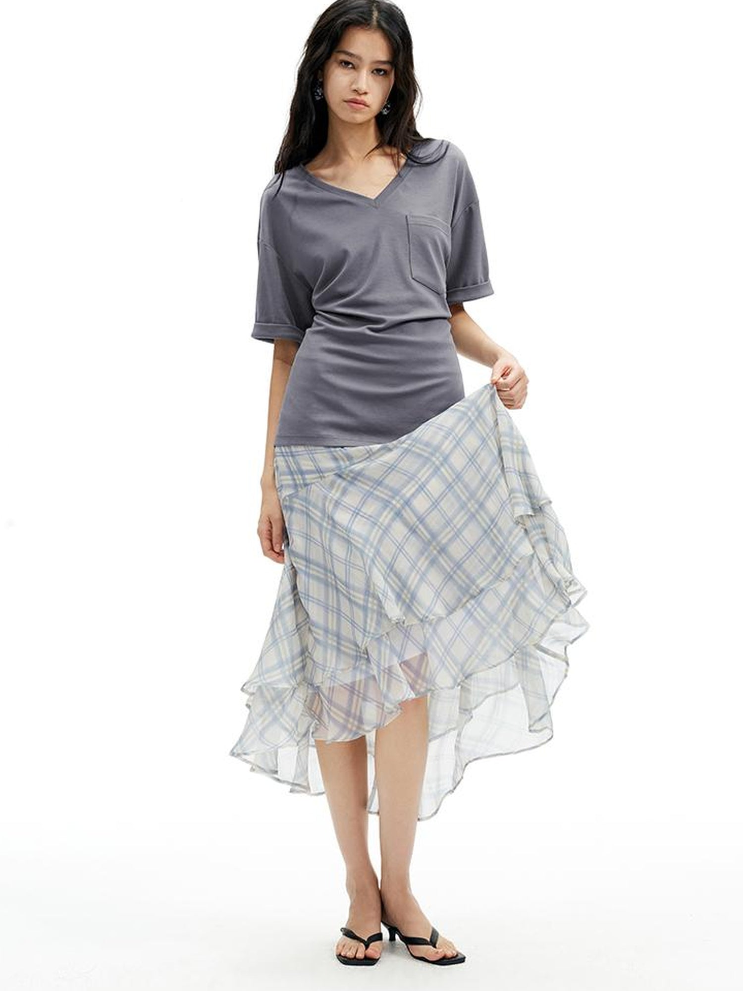 AFTADAWN Textured Grid Fishtail Skirt With Sheer Asymmetrical Hem
