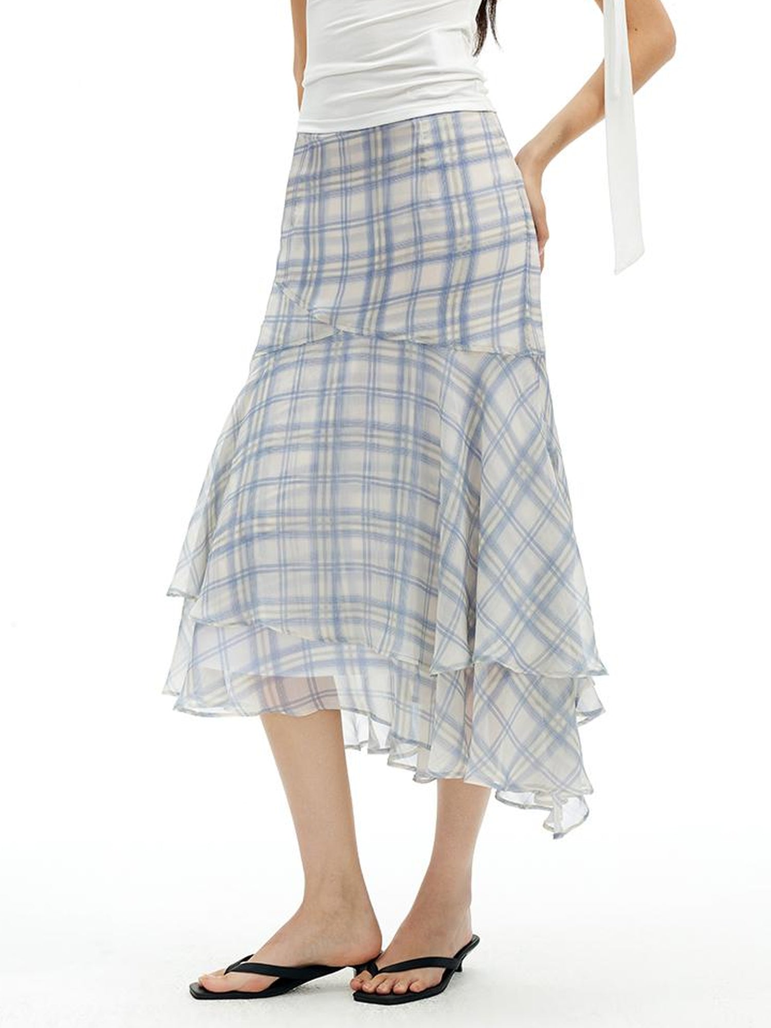 AFTADAWN Textured Grid Fishtail Skirt With Sheer Asymmetrical Hem
