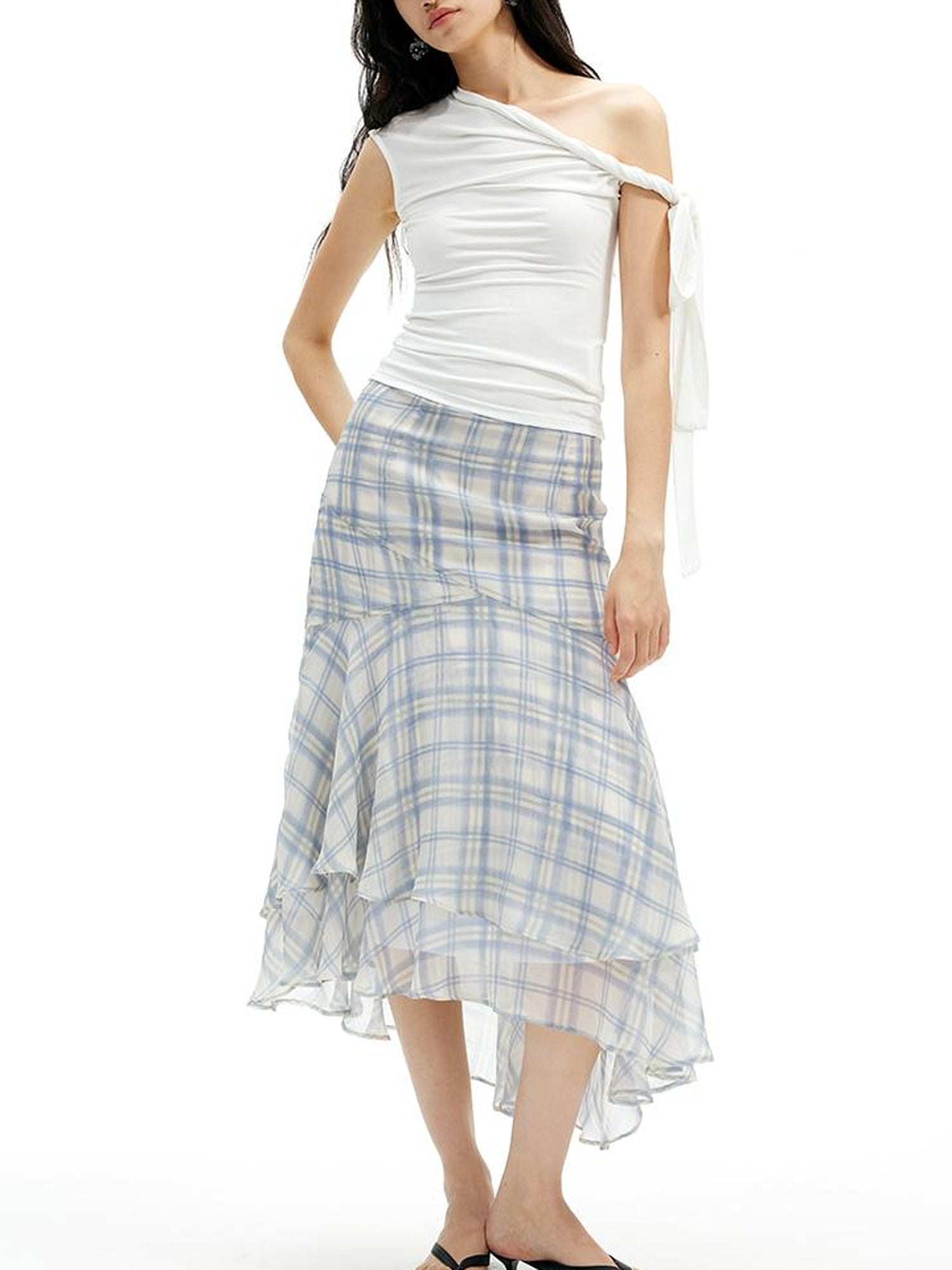 AFTADAWN Textured Grid Fishtail Skirt With Sheer Asymmetrical Hem