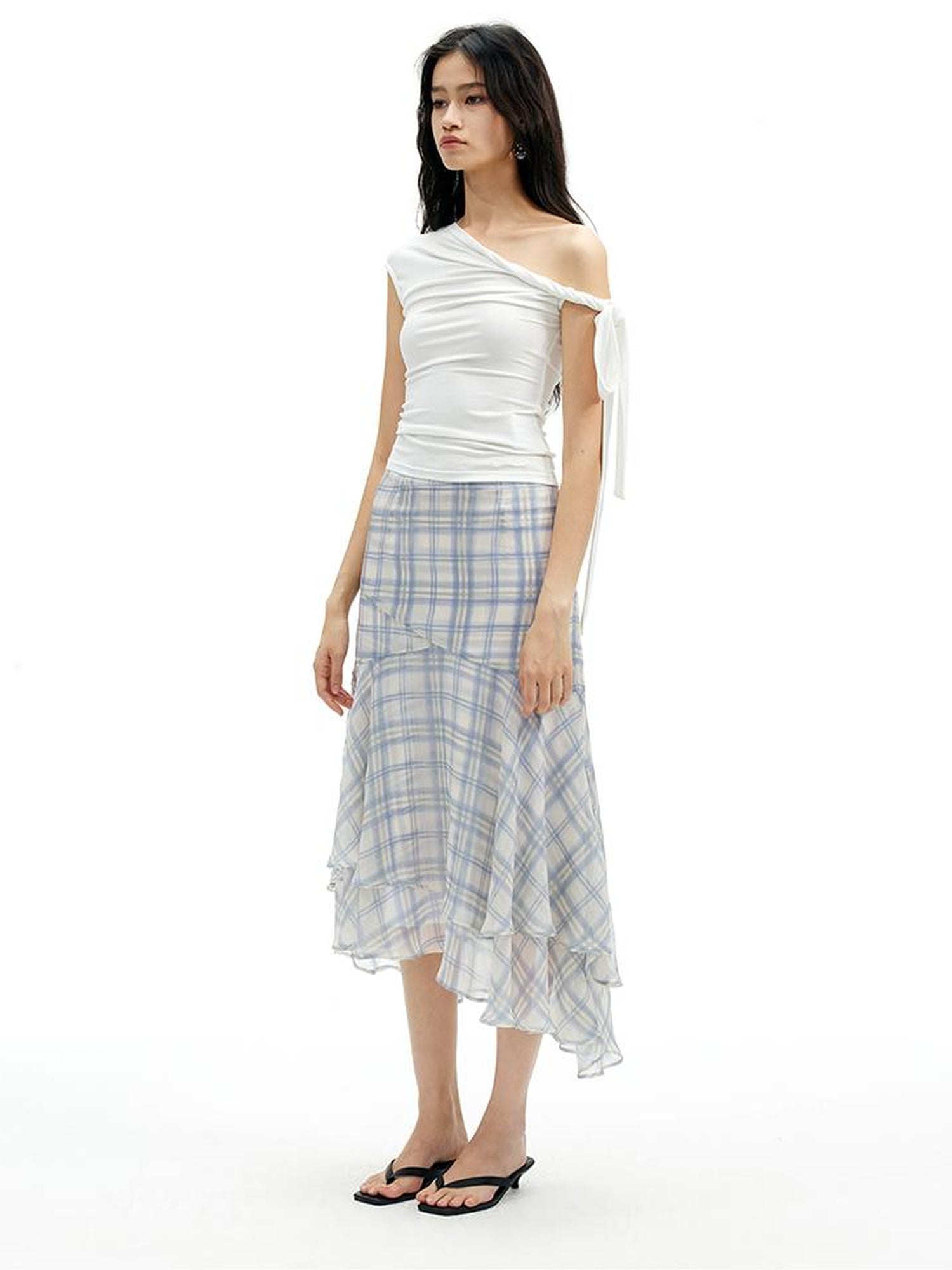 AFTADAWN Textured Grid Fishtail Skirt With Sheer Asymmetrical Hem