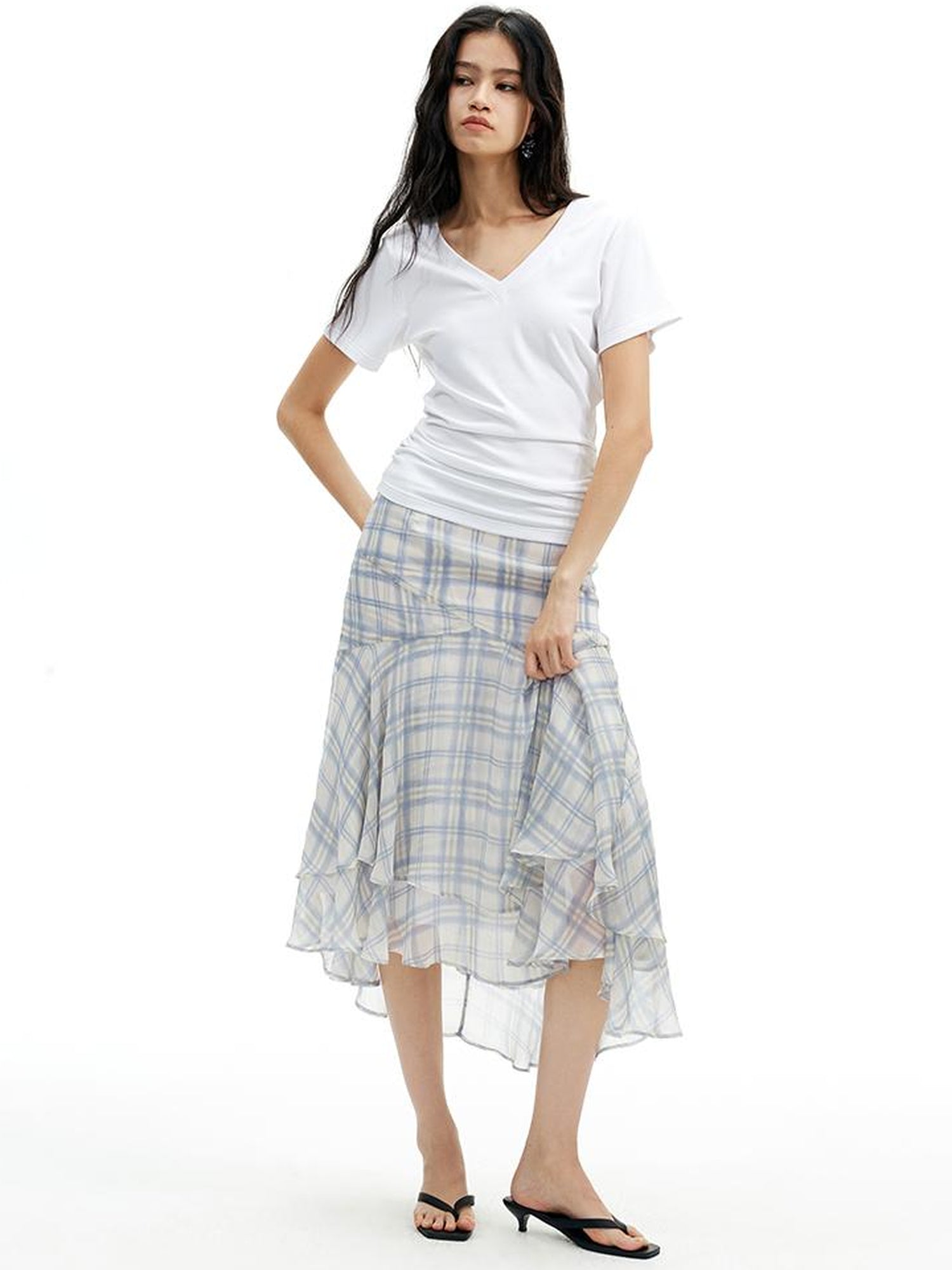 AFTADAWN Textured Grid Fishtail Skirt With Sheer Asymmetrical Hem