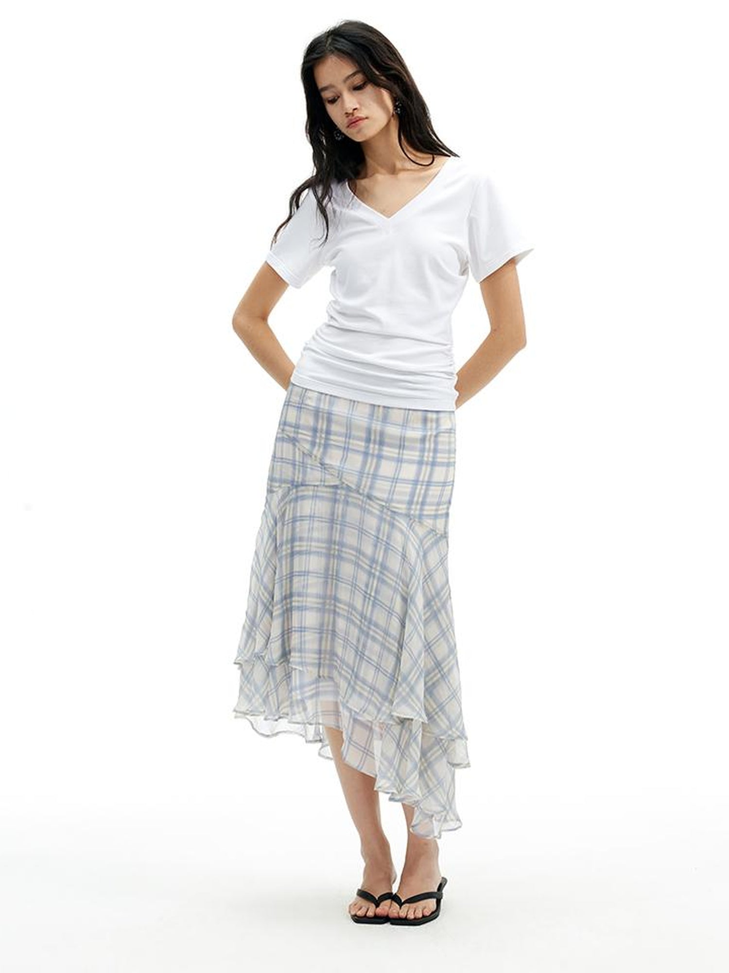 AFTADAWN Textured Grid Fishtail Skirt With Sheer Asymmetrical Hem