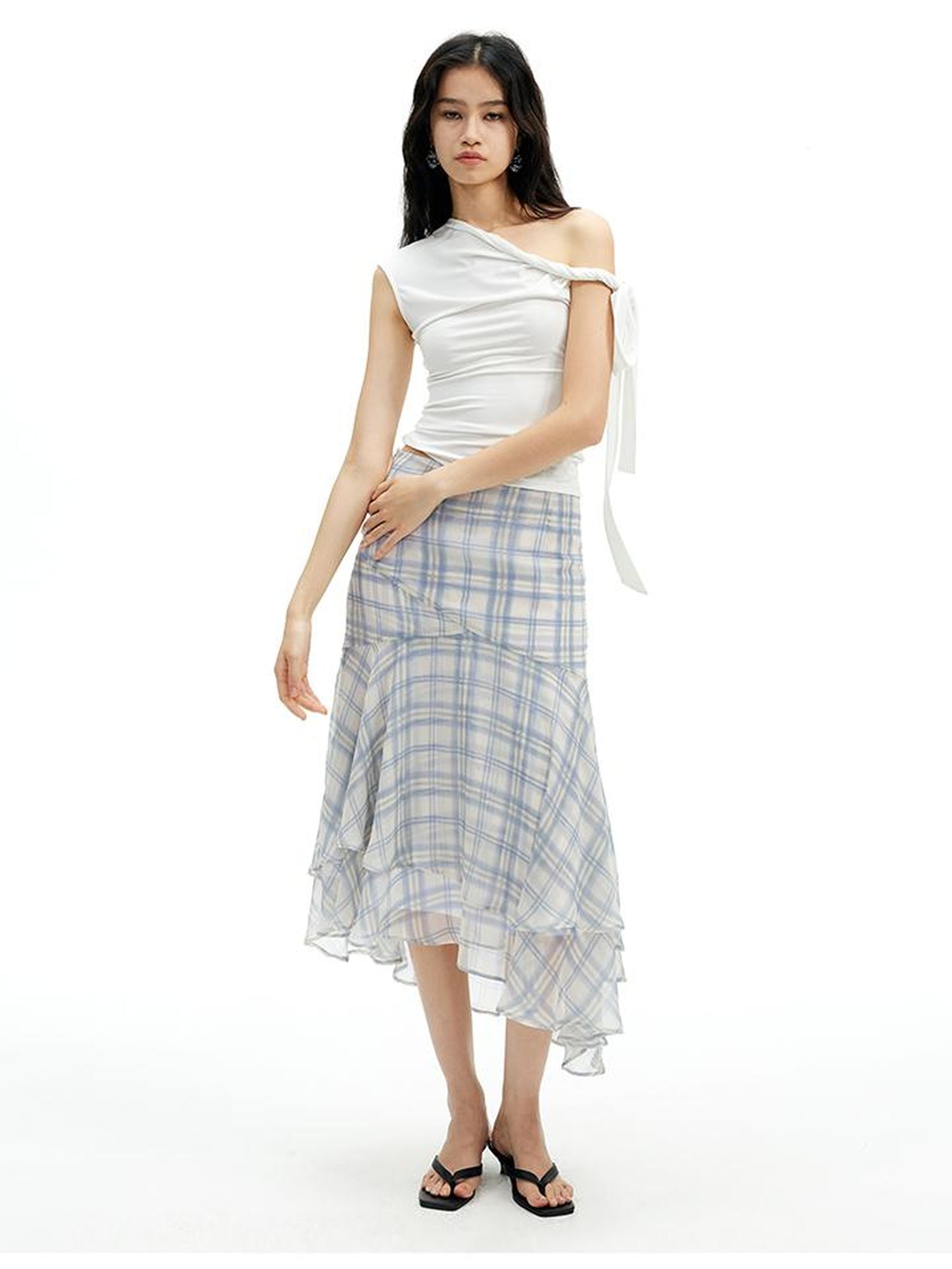 AFTADAWN Textured Grid Fishtail Skirt With Sheer Asymmetrical Hem