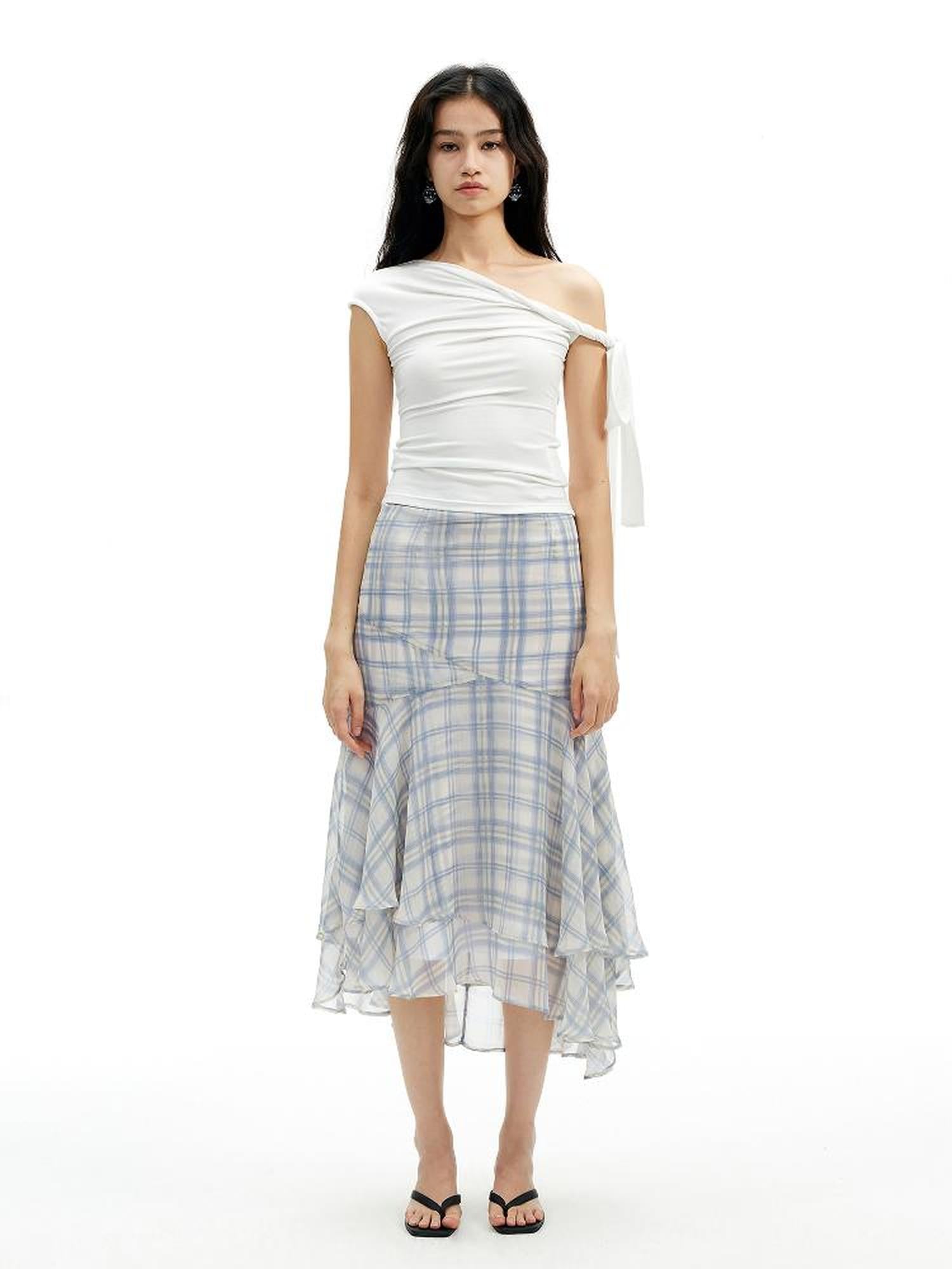 AFTADAWN Textured Grid Fishtail Skirt With Sheer Asymmetrical Hem