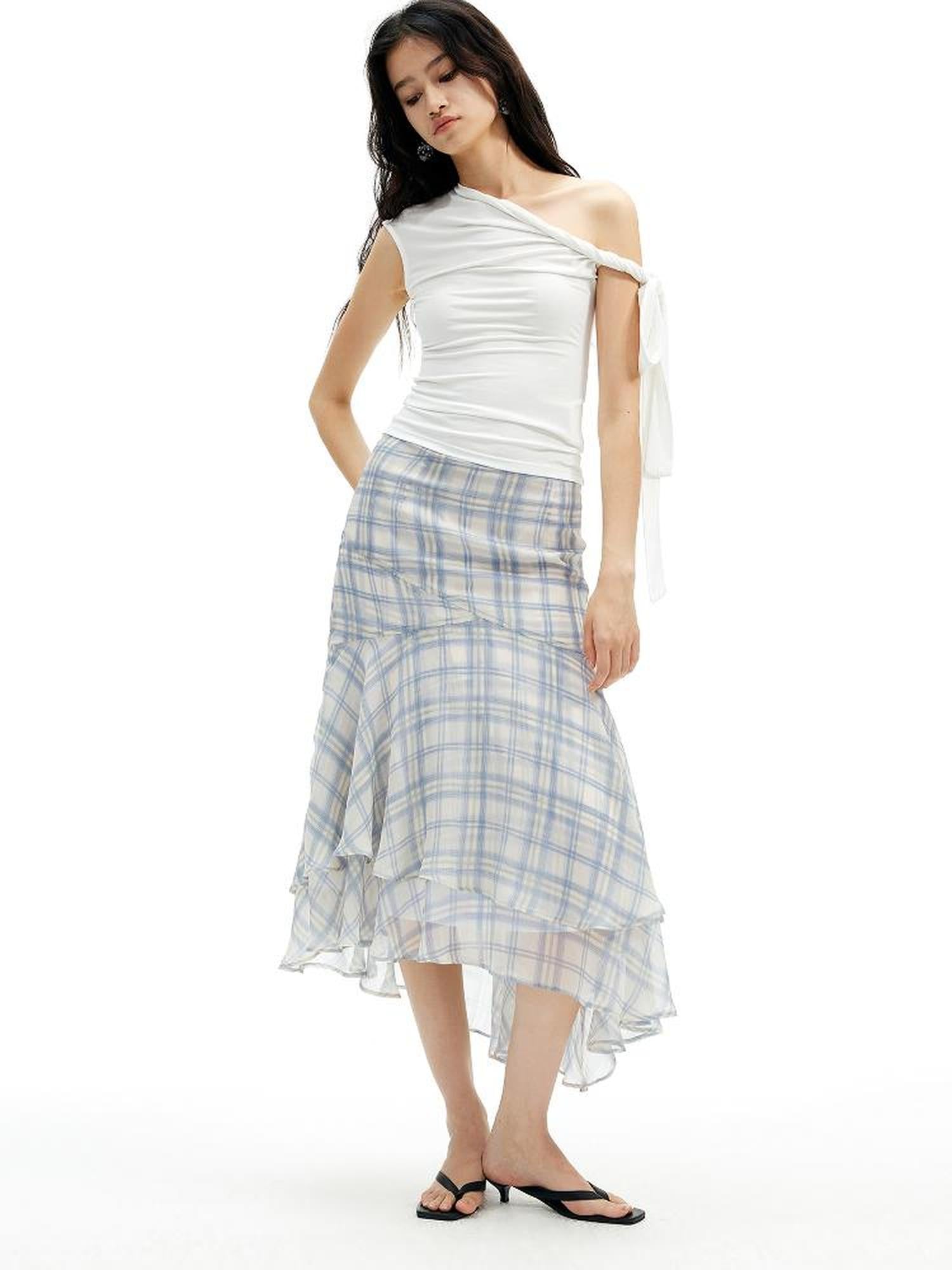 AFTADAWN Textured Grid Fishtail Skirt With Sheer Asymmetrical Hem