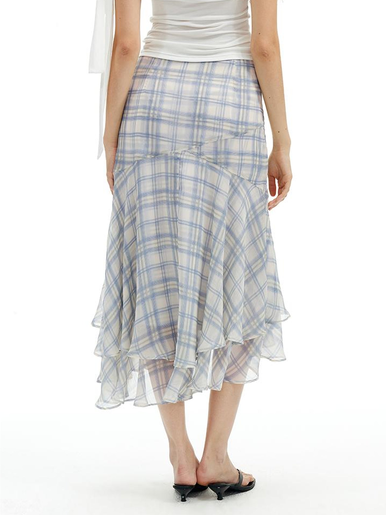 AFTADAWN Textured Grid Fishtail Skirt With Sheer Asymmetrical Hem