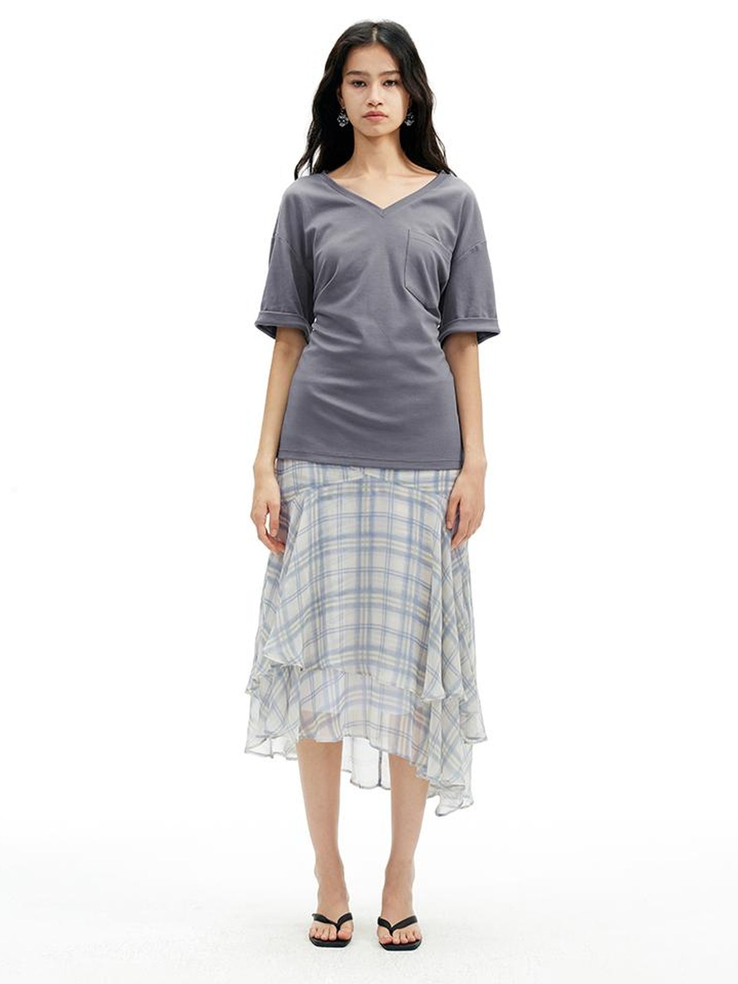 AFTADAWN Textured Grid Fishtail Skirt With Sheer Asymmetrical Hem