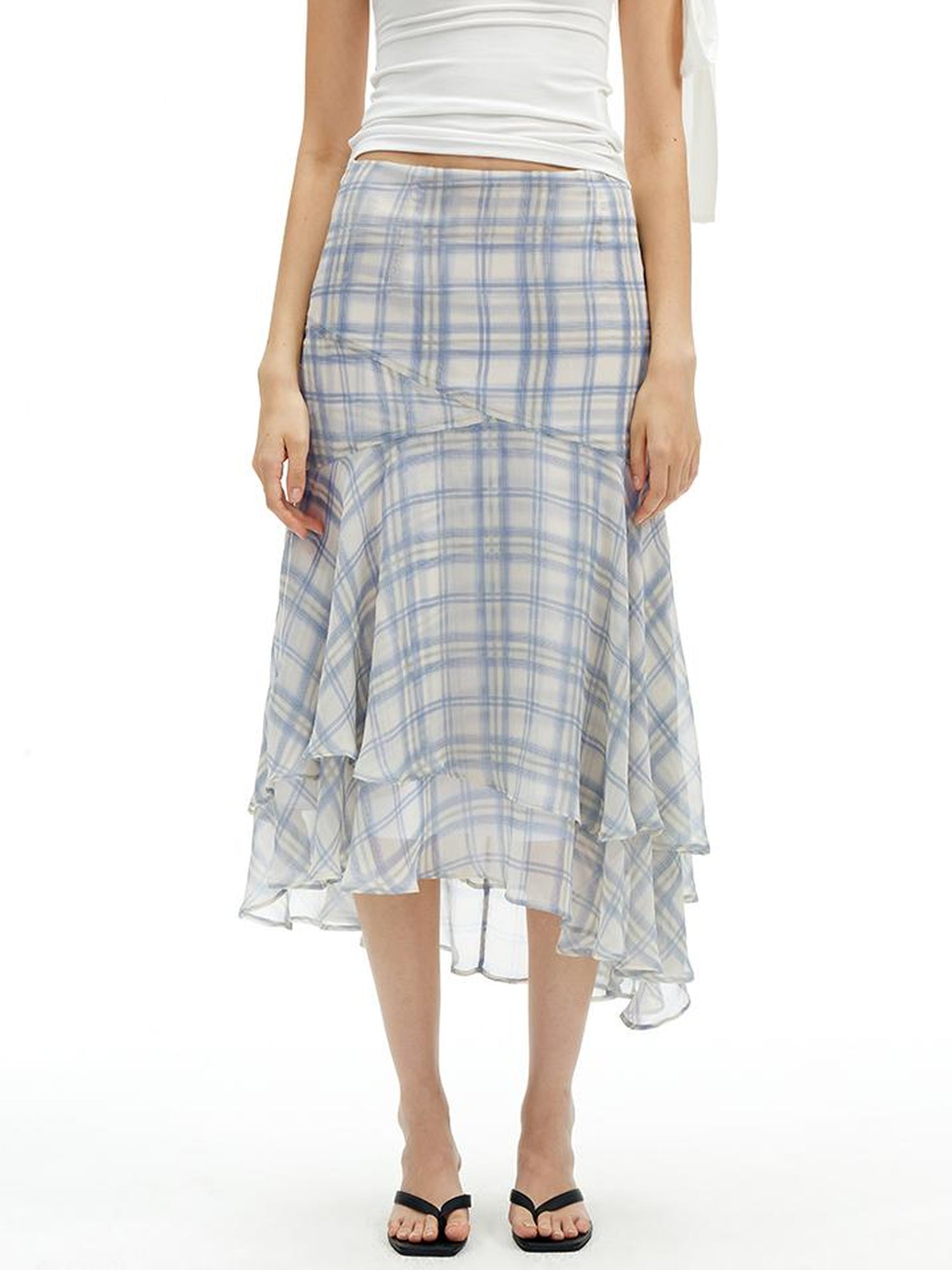 AFTADAWN Textured Grid Fishtail Skirt With Sheer Asymmetrical Hem