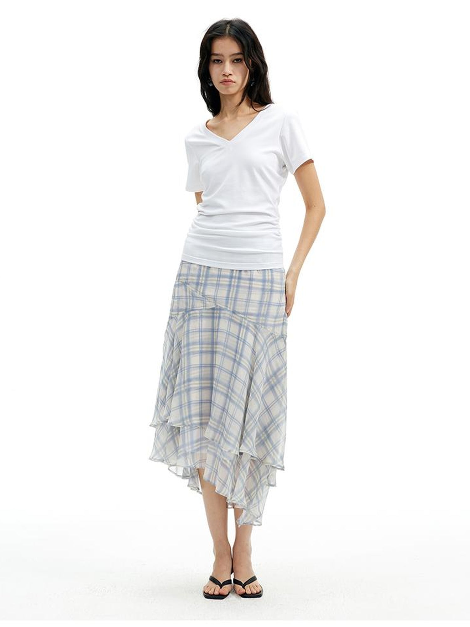 AFTADAWN Textured Grid Fishtail Skirt With Sheer Asymmetrical Hem