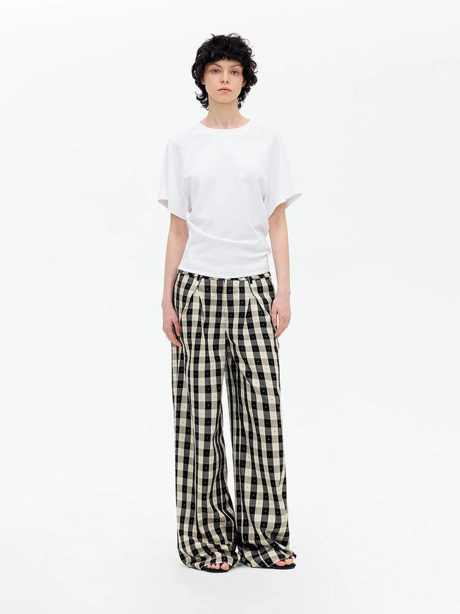 Textured Grid Tencel Acetate Straight Leg Pants With Embroidery